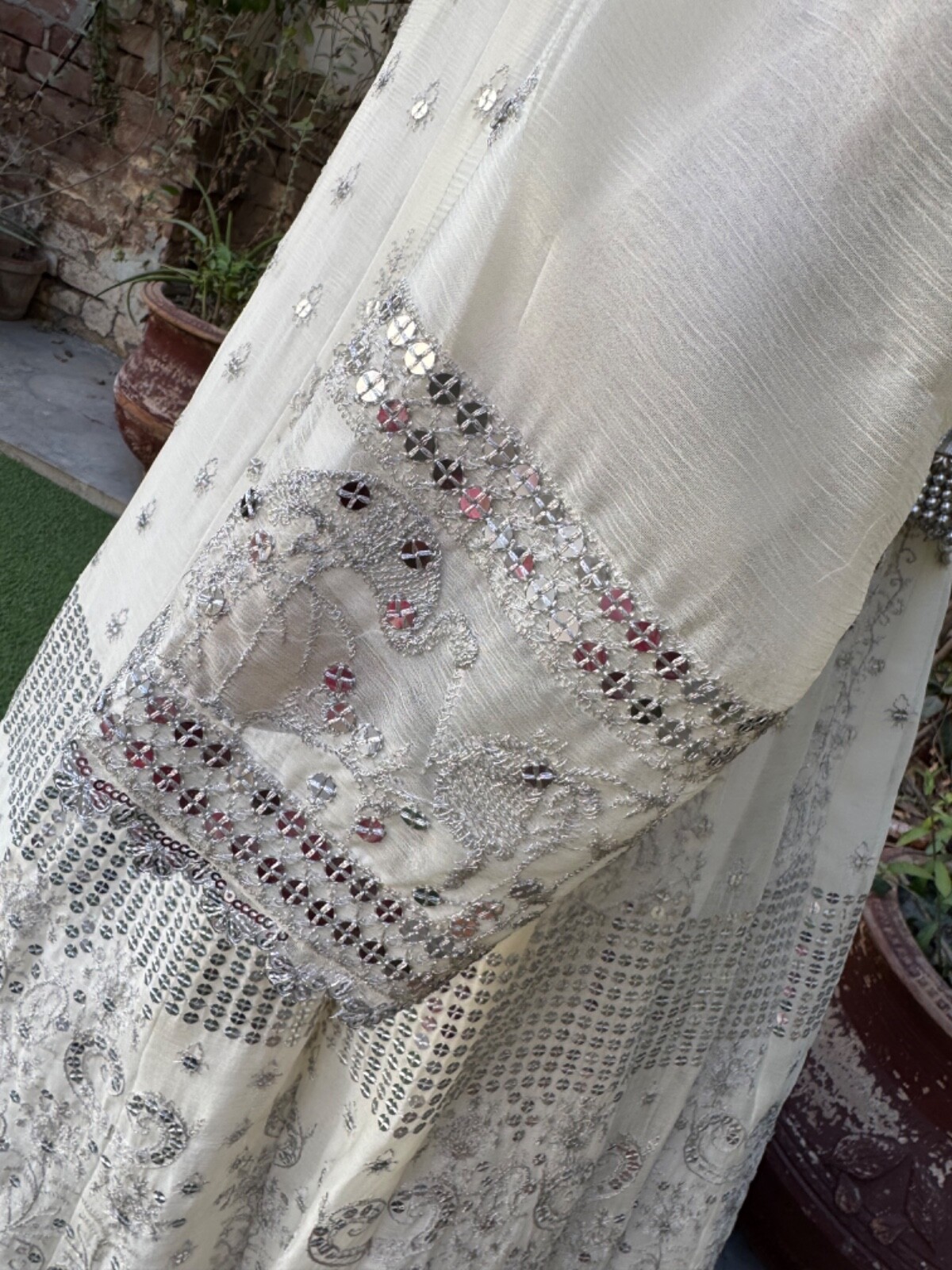 Pakistani Egg Shell White Long Maxi Style Embroidered Sequins Chiffon Dress,XL#1