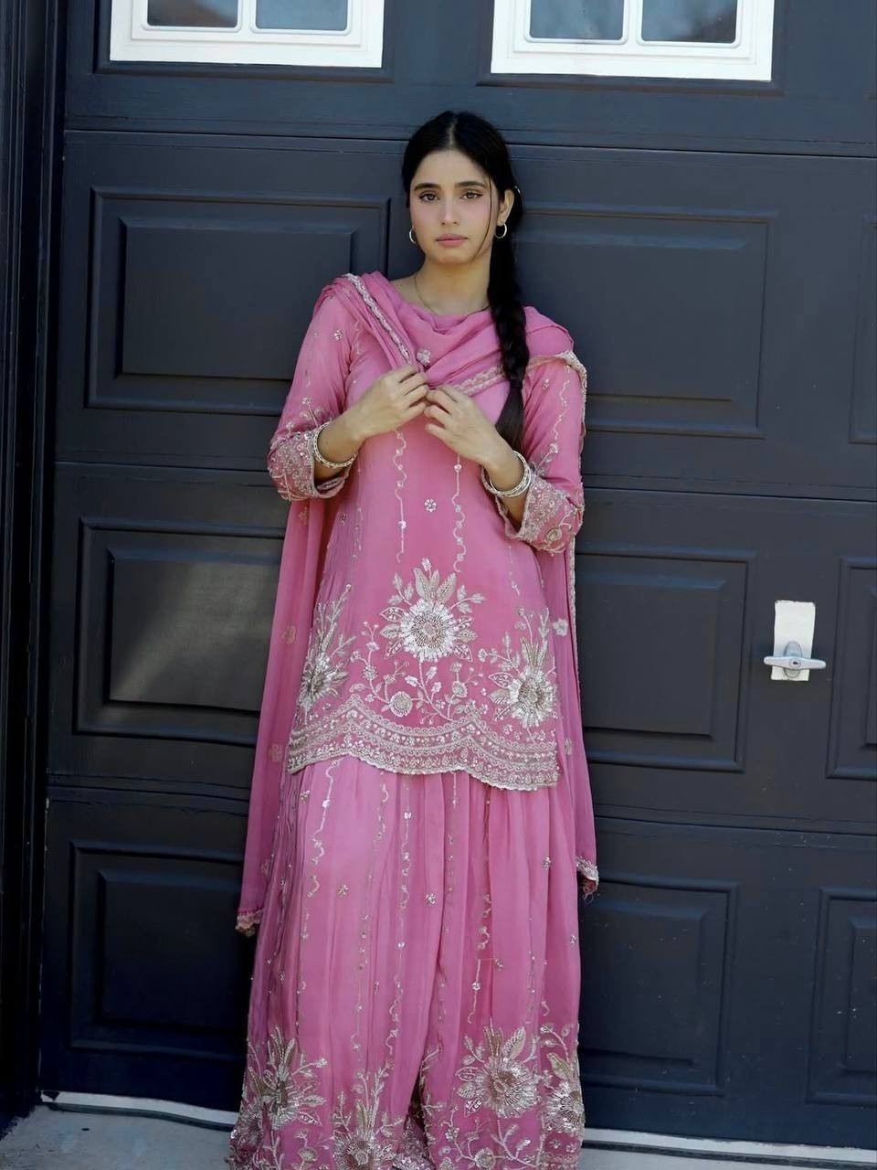 Beautiful Star Georgette Pink Top Palazzo With Dupatta For Indian Wedding