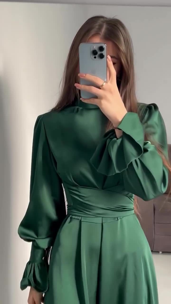 Women Long Dress Lantern Sleeves High Neck Party Plain Color Gown Lace Up Dress