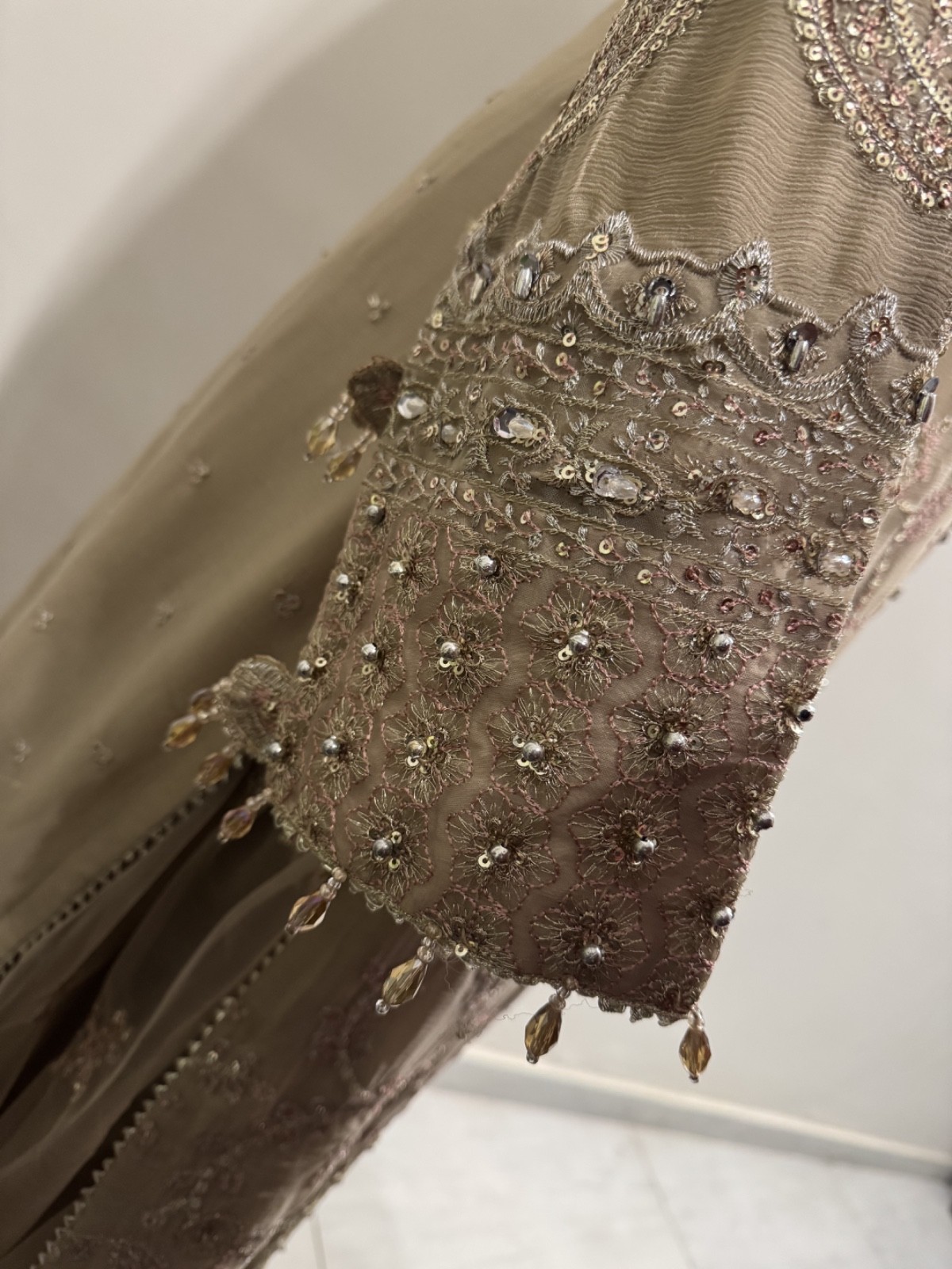 Pakistani Dark Beige Straight Style Embroidered Sequins Chiffon Sharara Dress,L