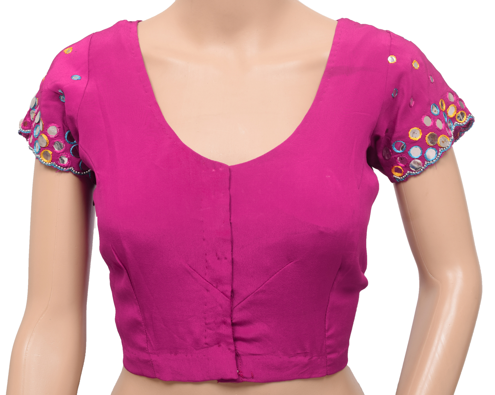 Sushila Vintage Readymade Stitched Sari Blouse Magenta Crepe Mirror Work Top