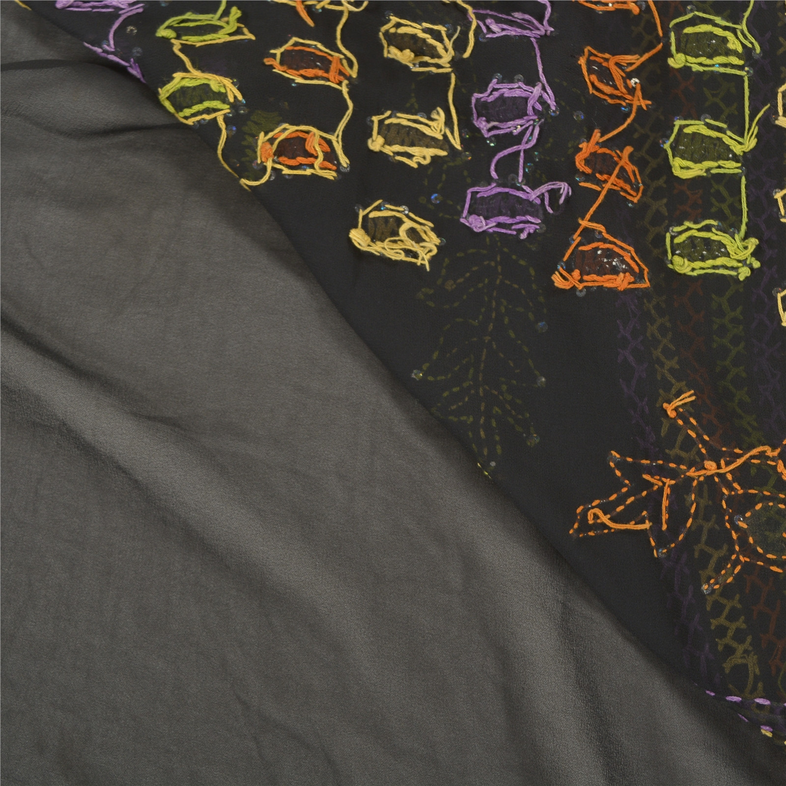 Sanskriti Vintage Black Sarees Georgette Hand Beaded Kantha Premium Sari Fabric