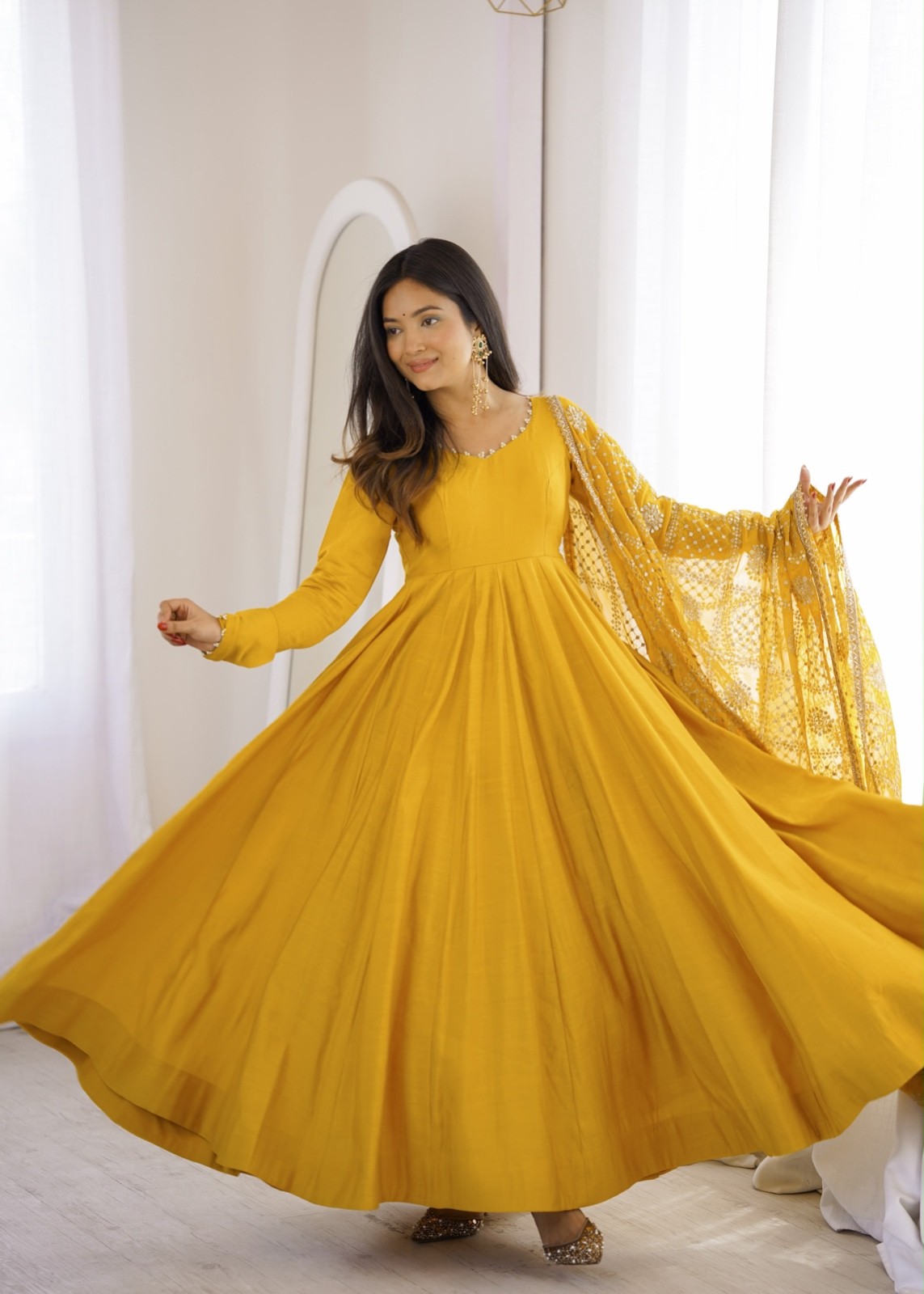 Women’s Heavy Roman Silk Chanderi Anarkali Gown Set with Pant & Embroidered