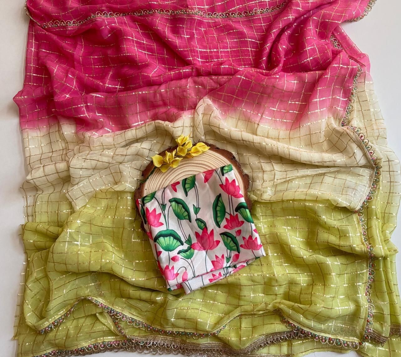 Women Georgette Zari Woven Chex Saree With Digital Printed Blouse