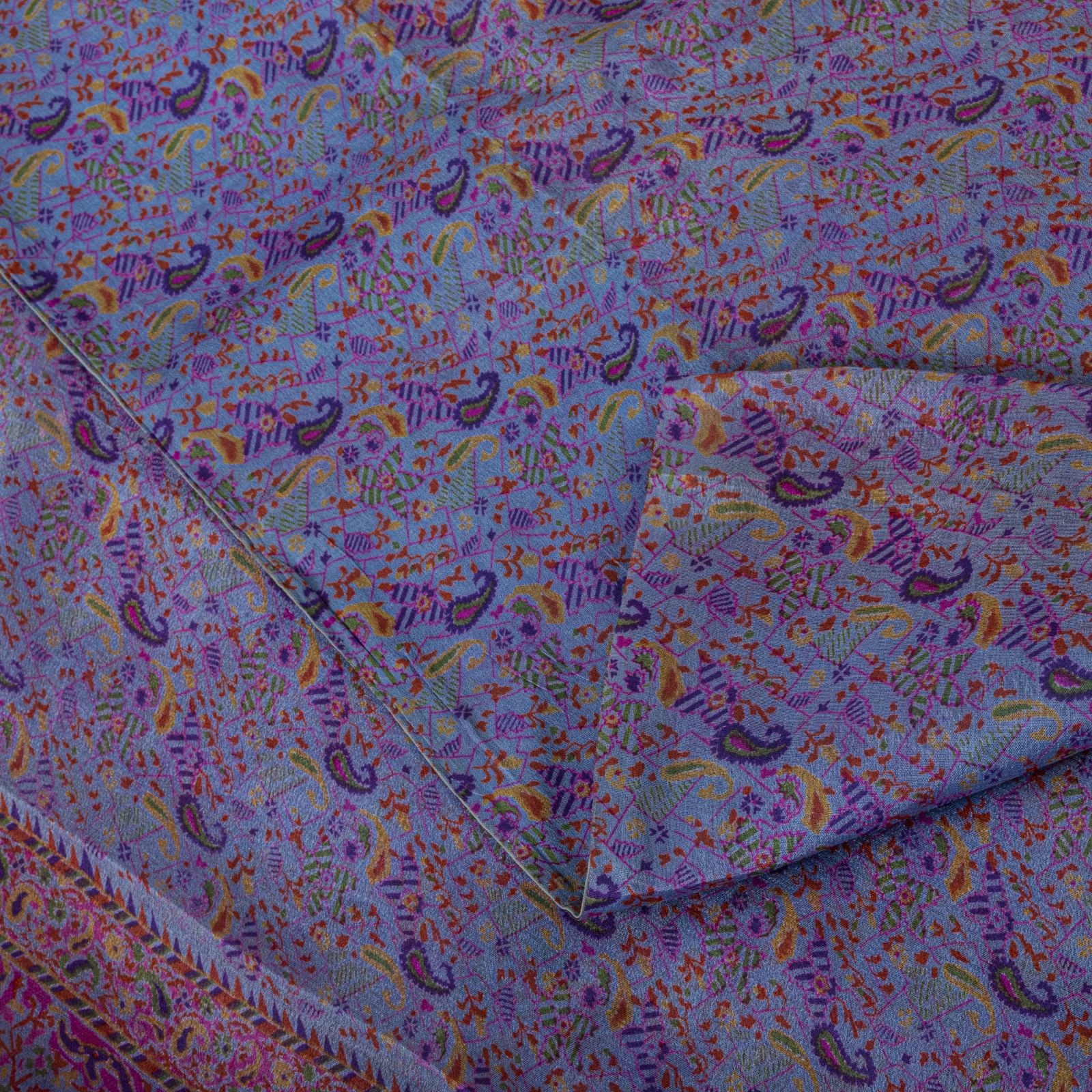 Sanskriti Vintage Purple Pure Silk Saree Paisley Print Craft Fabric 6.5Yard Sari