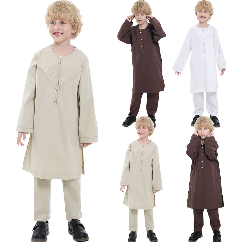 Boys Kids Arab Kaftan Saudi Thobe Thoub Top Pant Robe Daffah Dishdasha Islamic