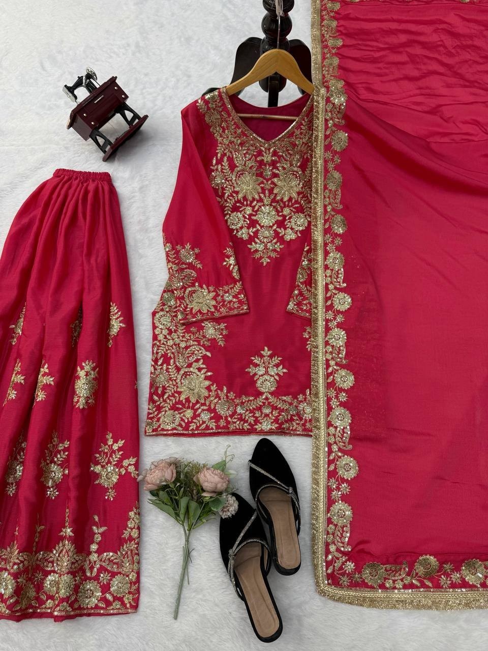 Latest New Chinon Silk Pink Top Palazzo With Dupatta For Wedding Wear