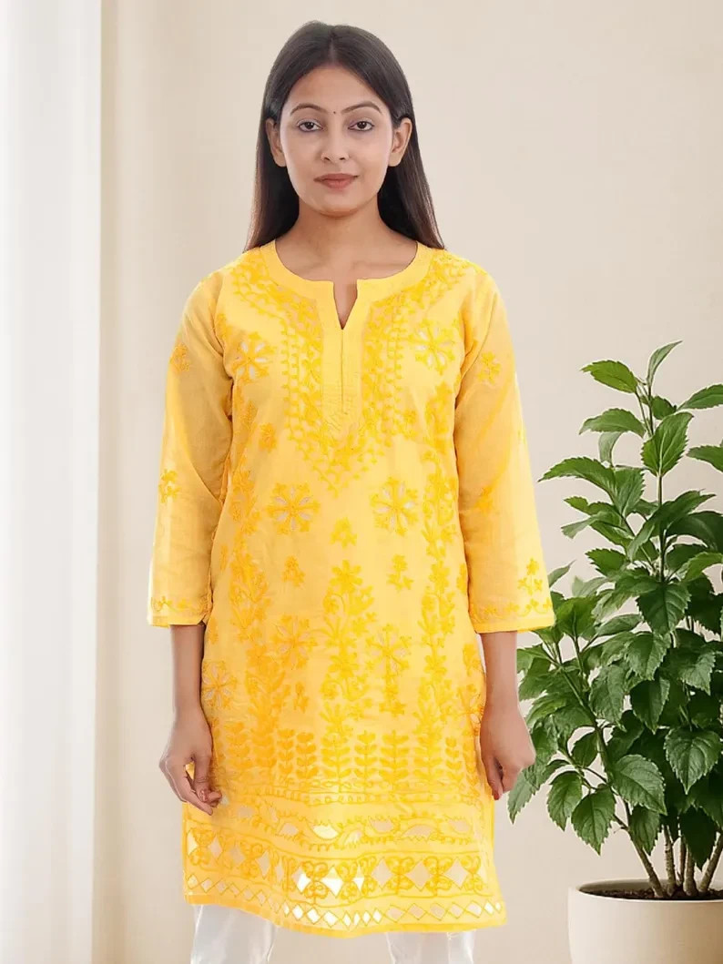 Yellow Cotton Chikankari Kurti | Wool Thread Handmade Kurti For Women