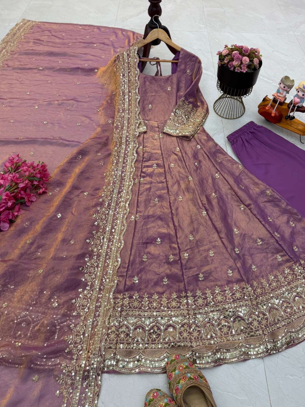 Mauve Fendy Silk Ready Made Designer Embroidered Anarkali Party Wear Suit M