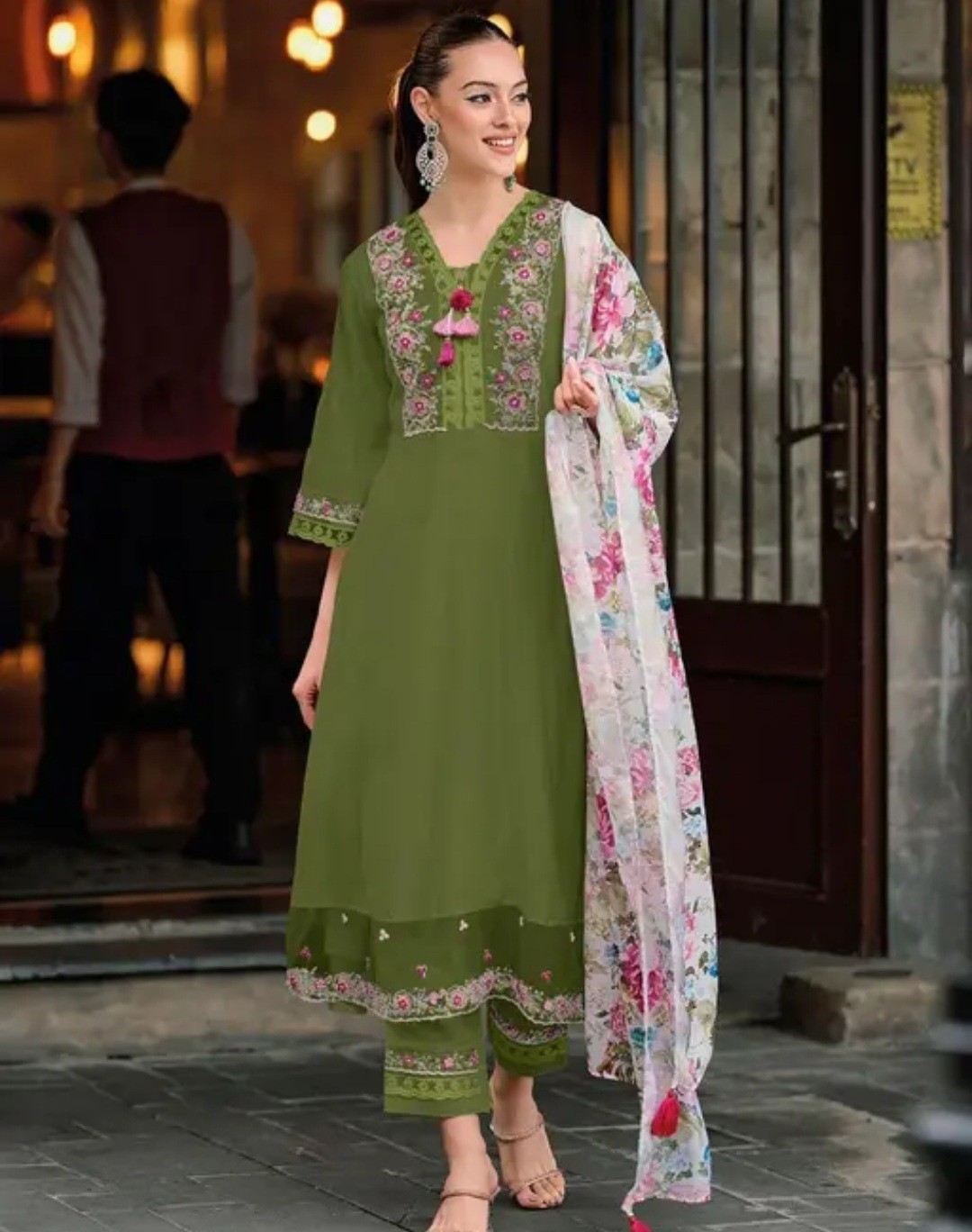 Women Embroidered Designer Kurti With Pant Printed Dupatta Set. Size S To 3xl.