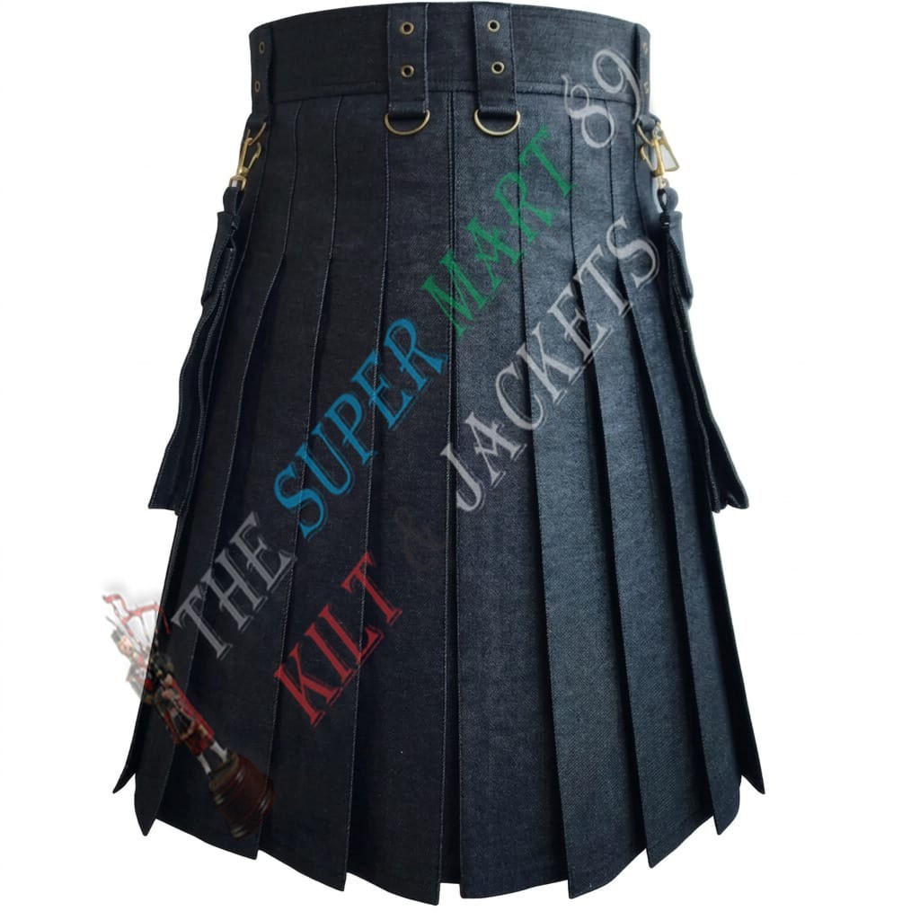 Men’s Black Denim Kilt – Streetwear Utility Design with Detachable Cargo Pockets