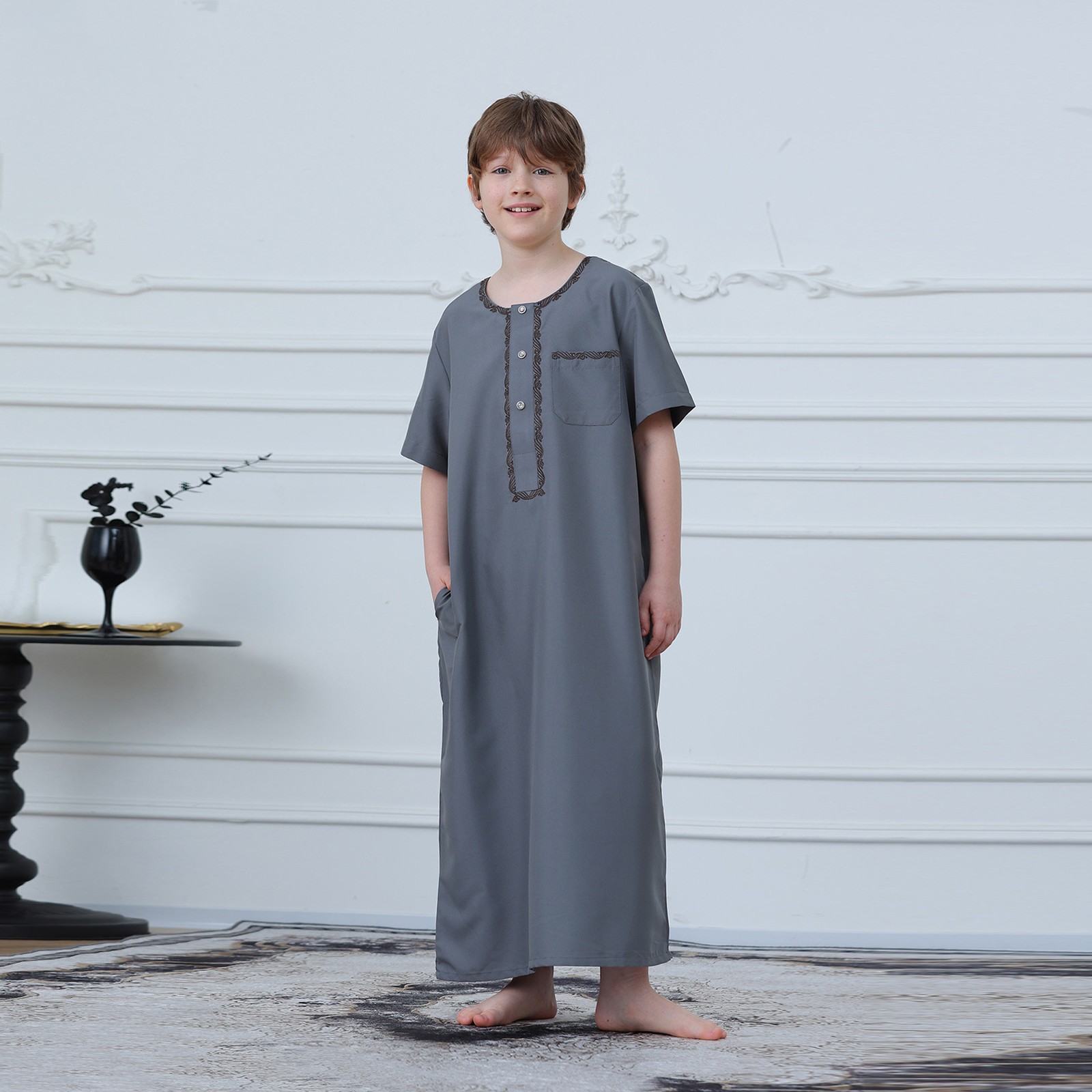 Saudi Arab Boys Thobe Jubba Long Sleeve Abaya Coat Simple Button Daily Wear Eid