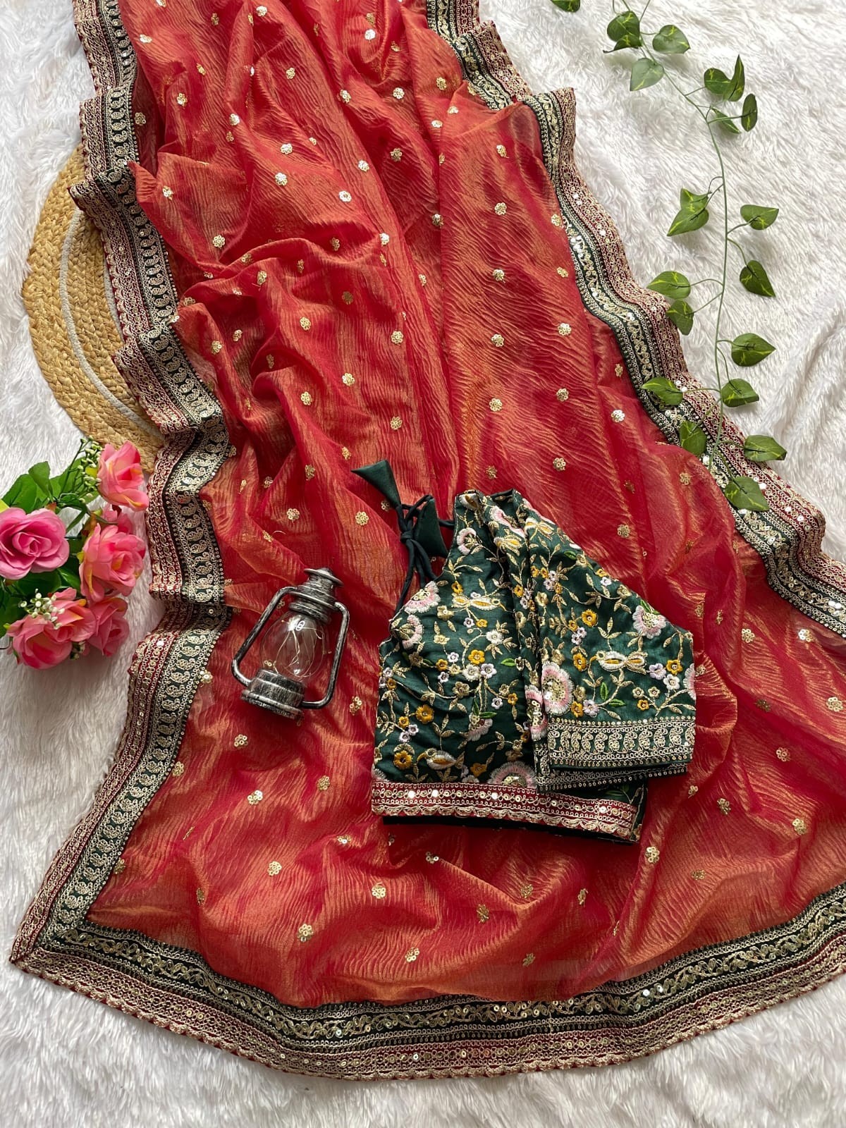 Launching Ethnic Wear Green-Orange Lichi Silk Saree With Blouse For Women