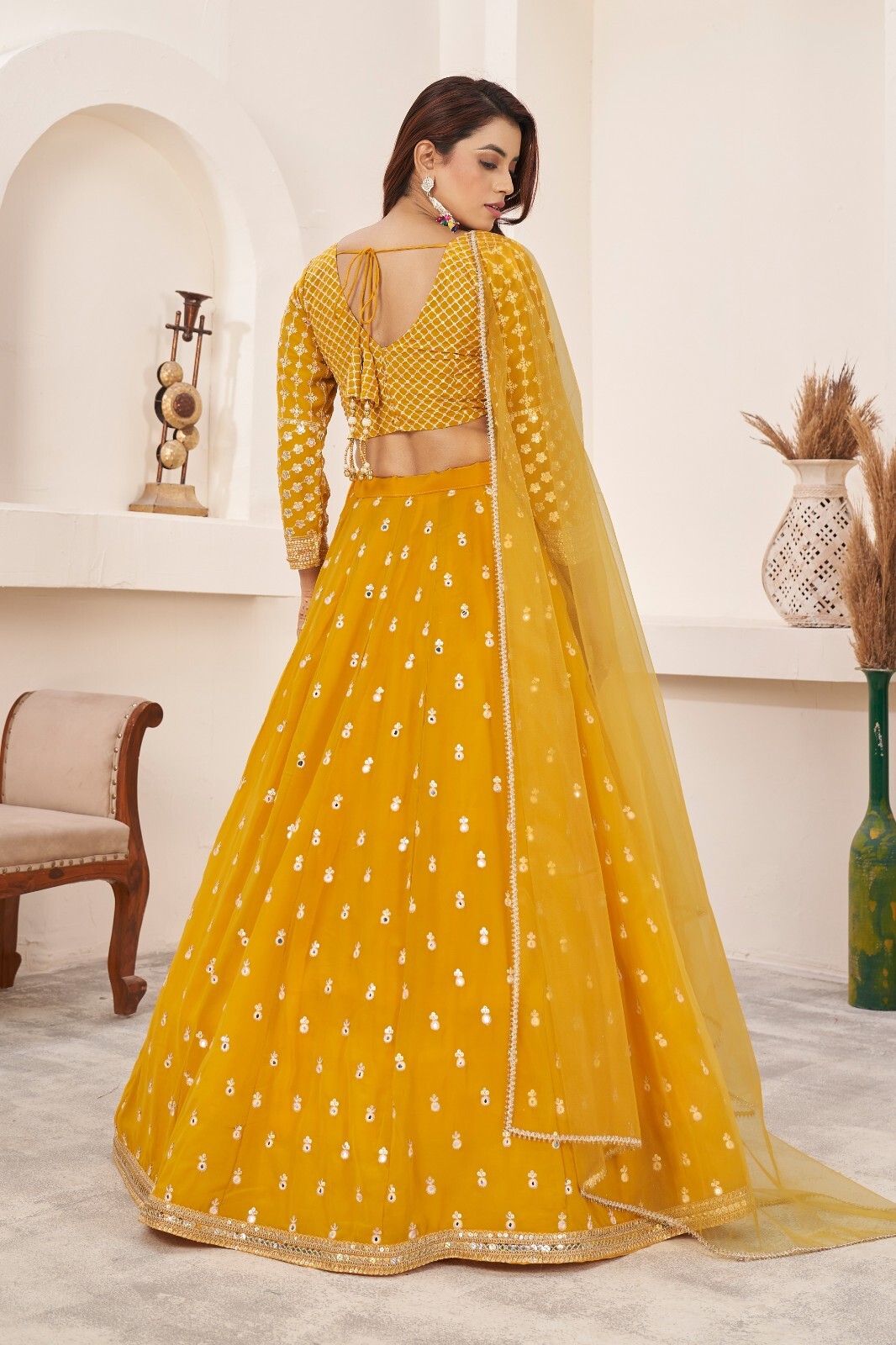 Women Fancy Yellow Georgette Thread With Sequence Embroidery Work Lehenga Choli