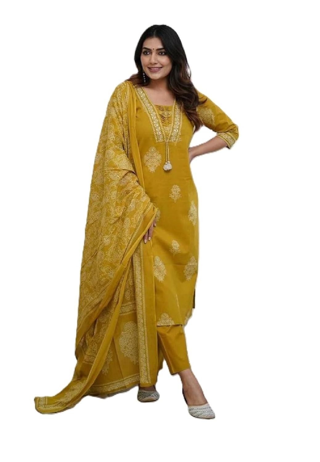 Women’s Pure Cotton Printed with Handwork Kurta with Pants and Dupatta Set