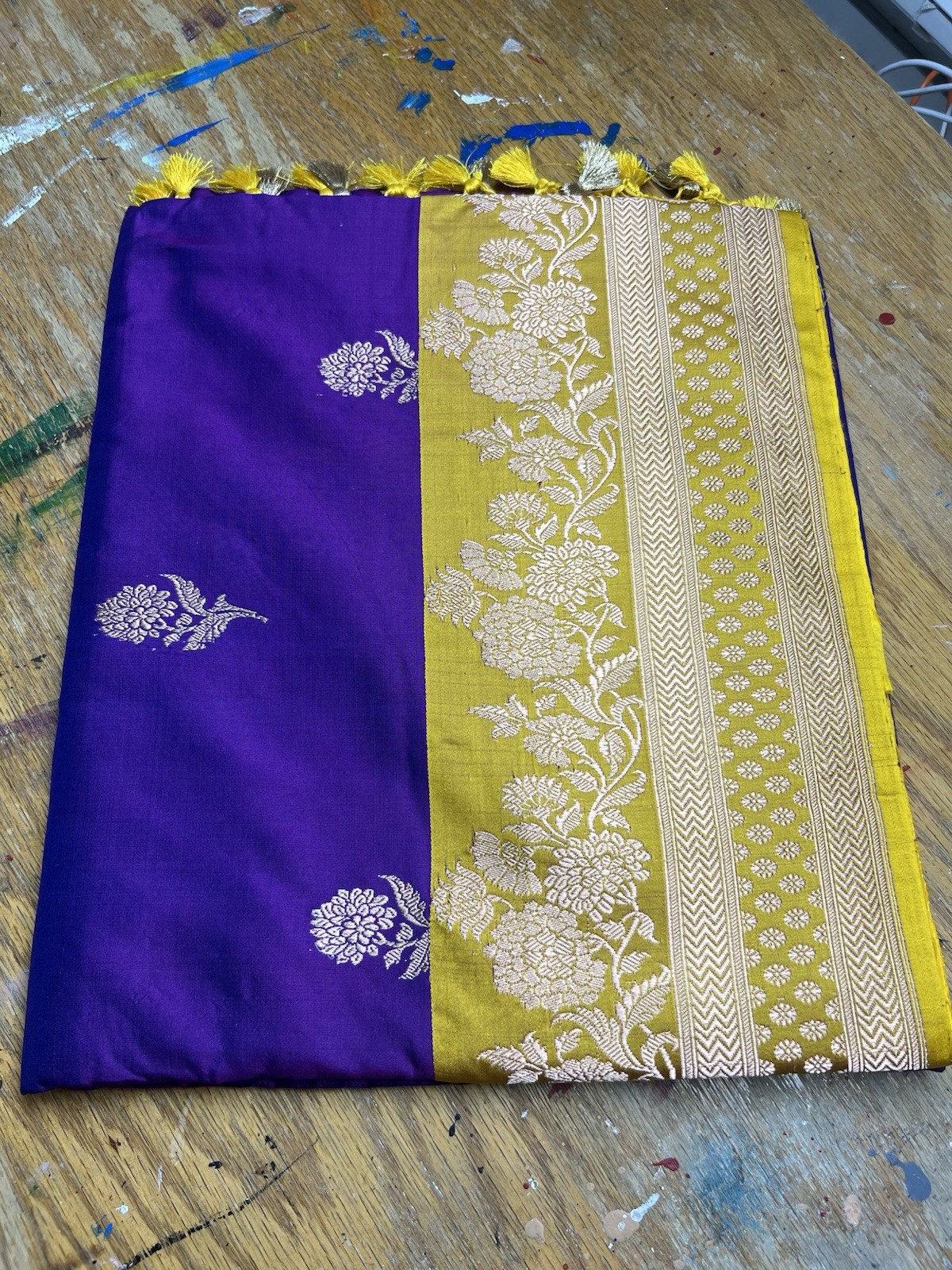 New Women Pure Banarasi Katan Silk Purple Yellow Gold Floral Saree with Tassel