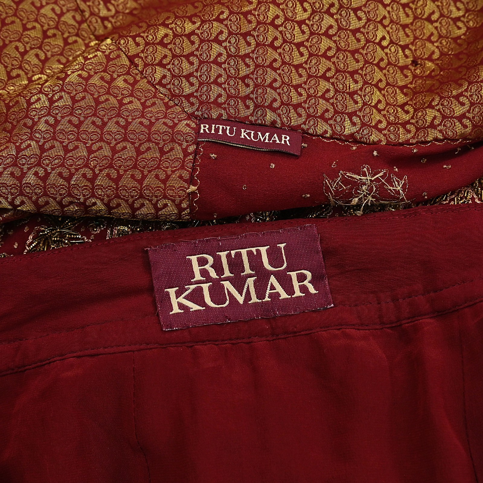 Pre-owned Maroon Pure Silk Hand Embroidered Ritu Kumar Designer Lehenga 3pcs set