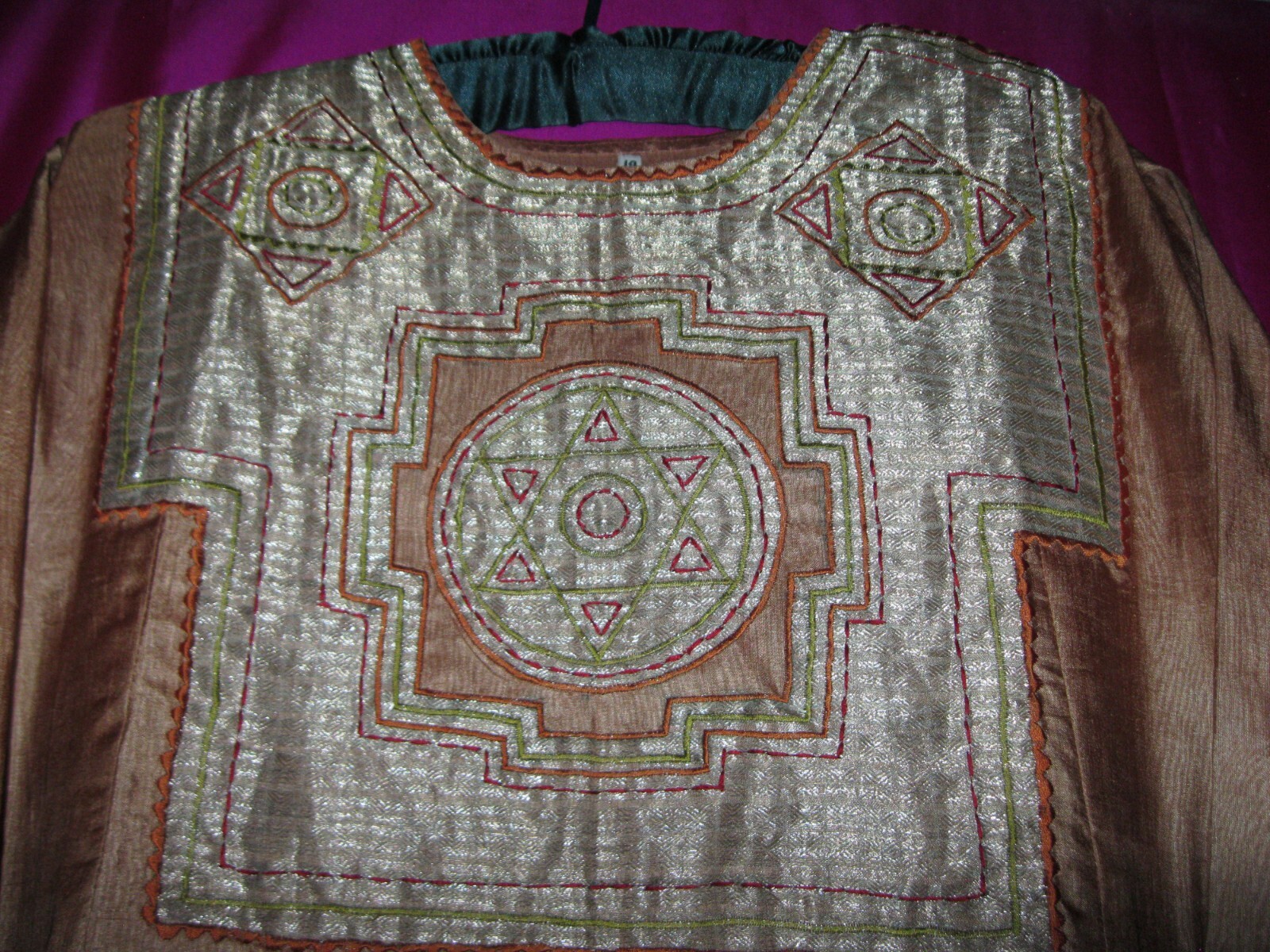 INDIA, SILK GARMENT SZ. M., MANGO COLORED W/ GOLD THREAD FRONT, 3/4 SLEEVES