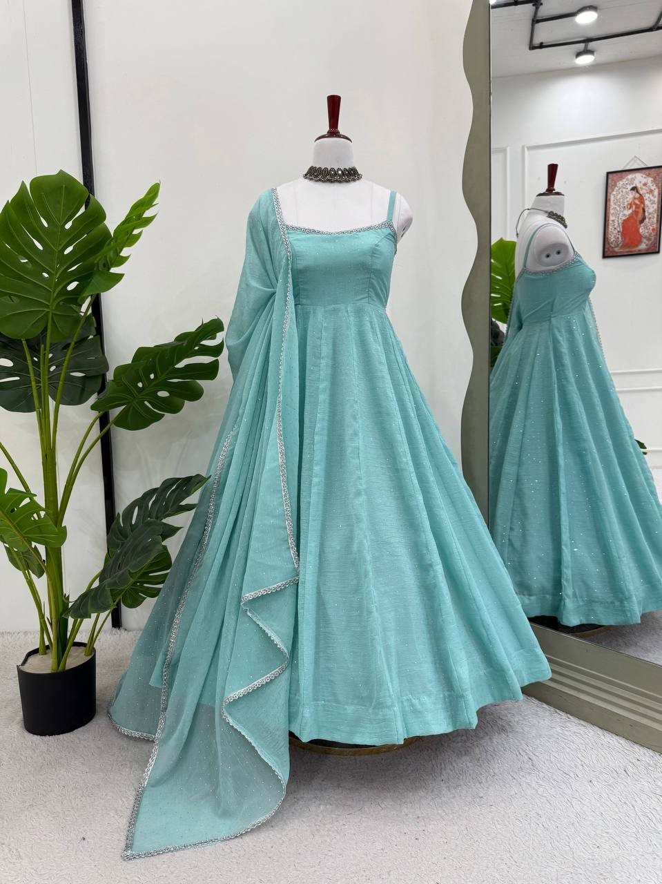 Latest Stylish Crunch Silk Sky Blue Gown Bottom With Dupatta For Festival Wear