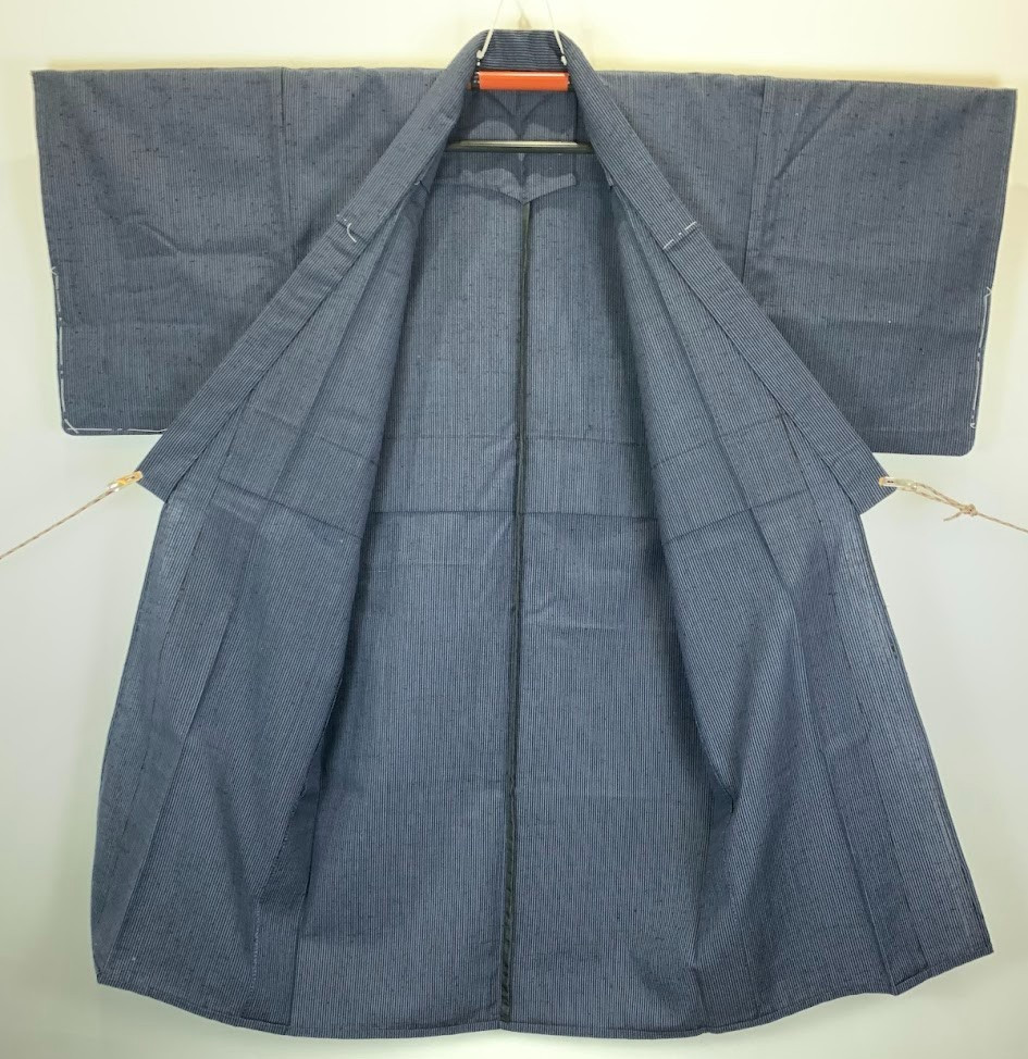 Vintage Japanese Tsumugi Kimono Men XS Silk Blue Black Stripe Hitoe Duster Robe