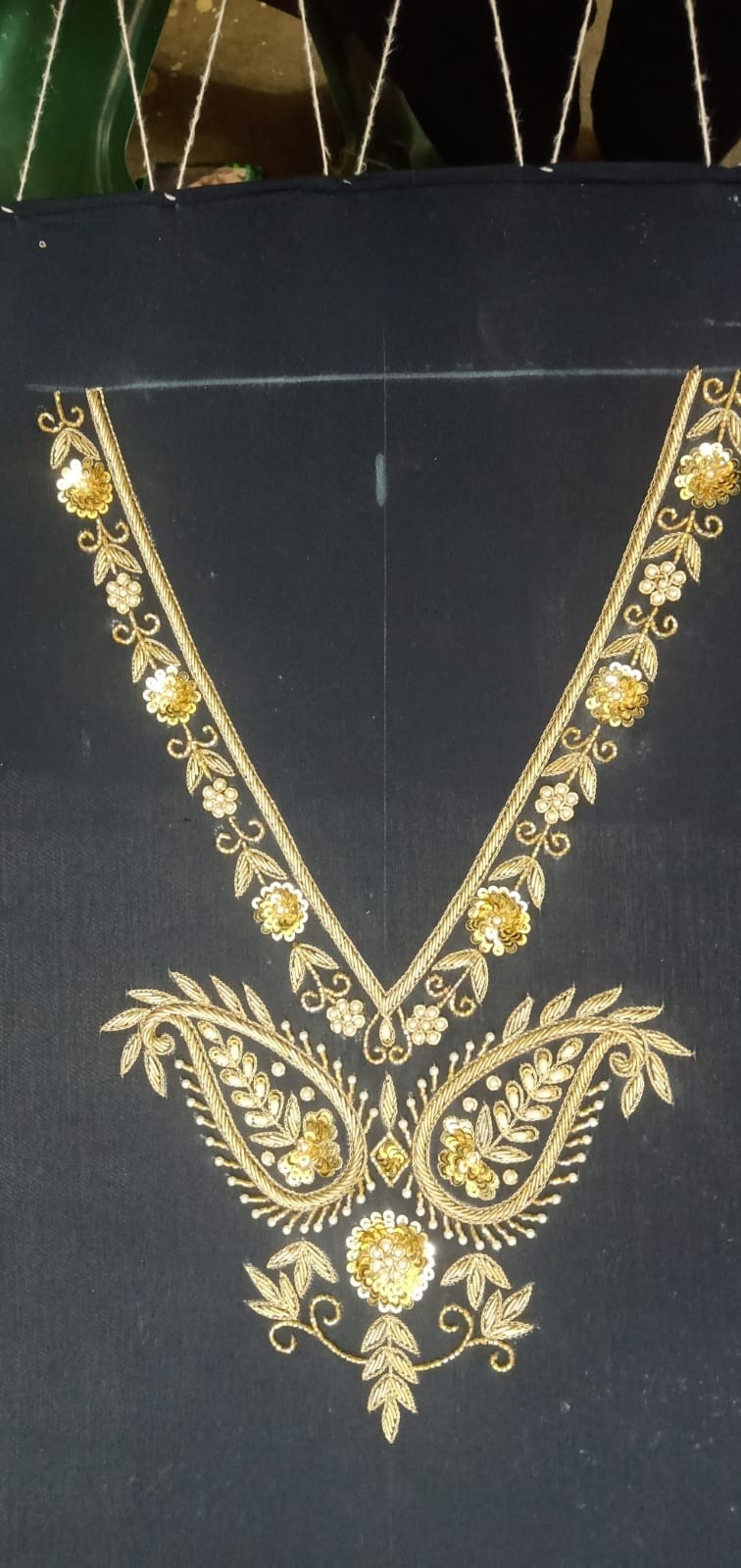 Elegant Black Crepe Salwar Suit Gold Embroidery Chiffon Dupatta Custom Size