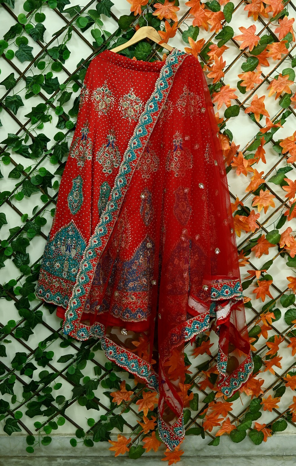 Pre-owned Red Satin Silk Hand Embroidered Designer By Anamika Khanna Lehenga Set