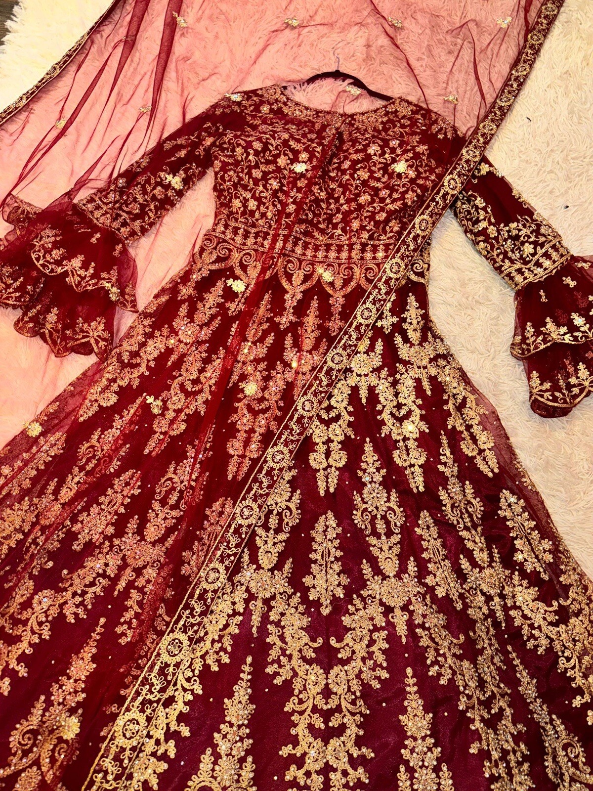 Cranberry Red Embroidered Anarkali Gown – Long Indian Ethnic Dress w Petticoat