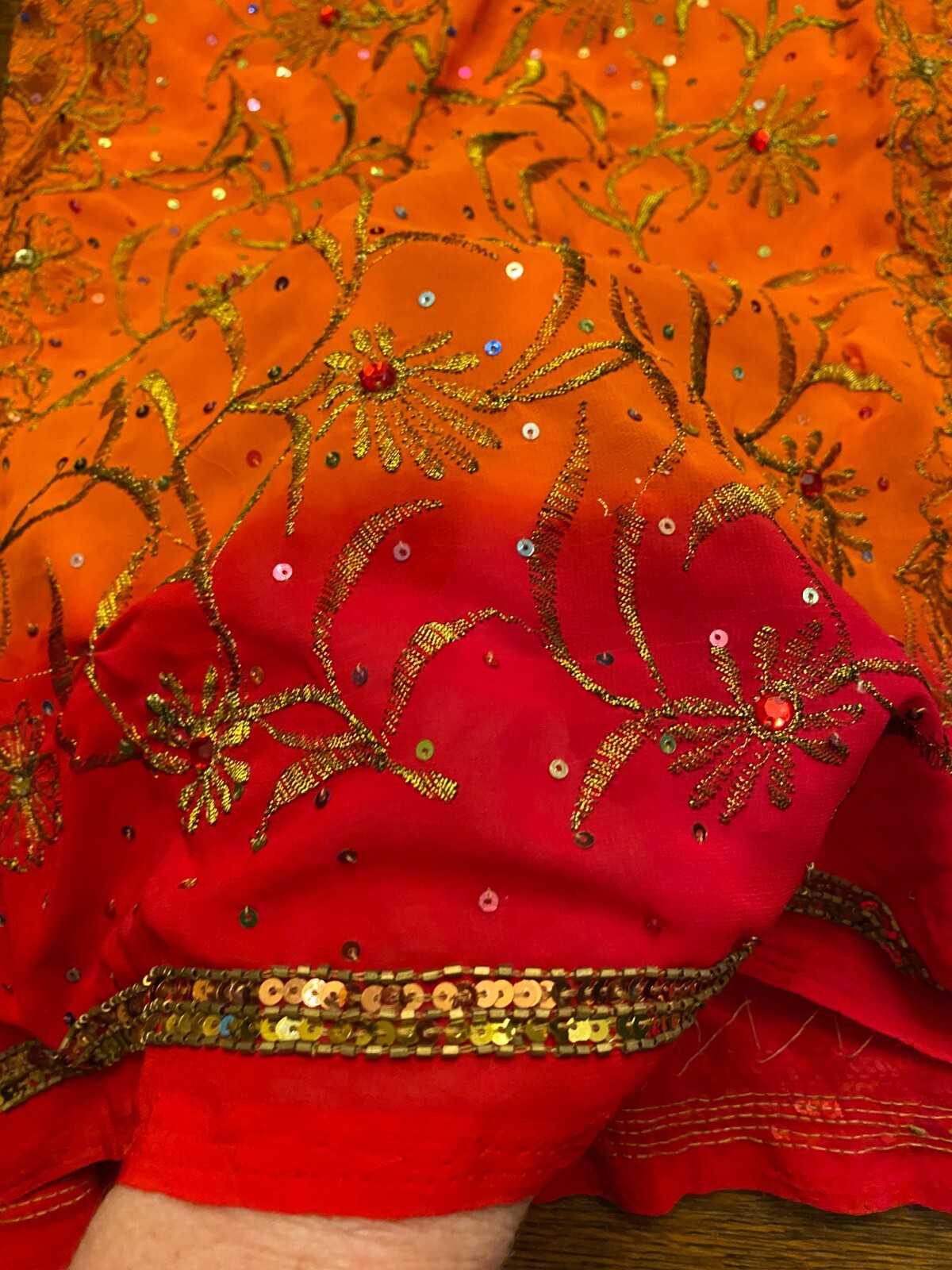 Vintage SARI Wrap ORANGE SHeer Chiffon Embroidery SEQUIN Fabric 6 yds 45″ Red