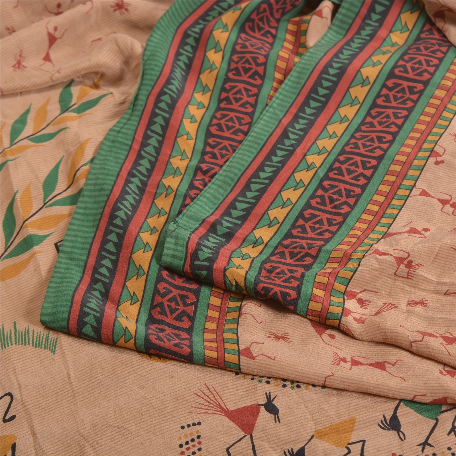 Sanskriti Vintage Sarees Peach Warli Art Print Pure Crepe Silk Sari Craft Fabric