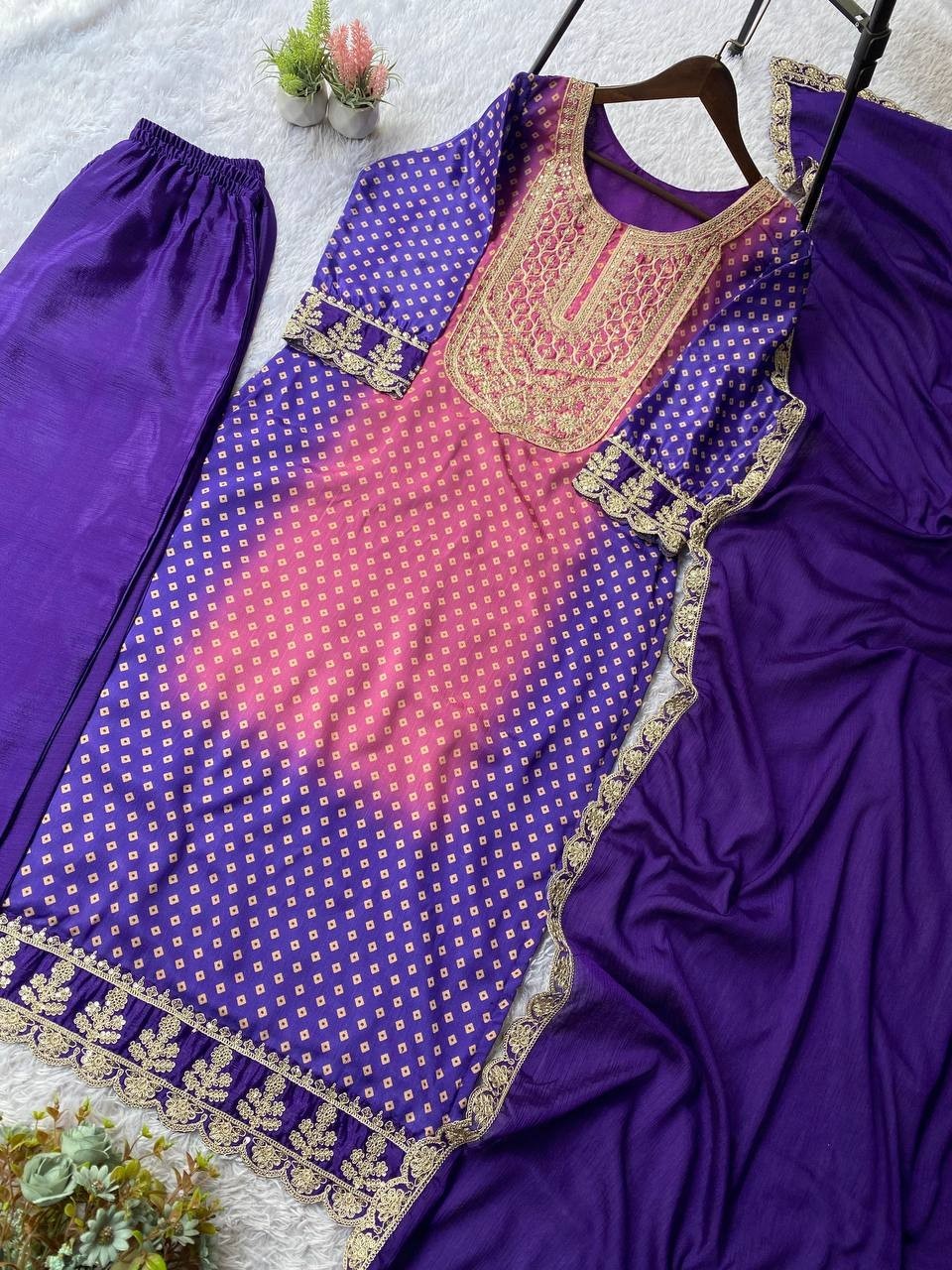 Indian Designer Printed Chinnon Salwar Kameez With Dupatta For Women