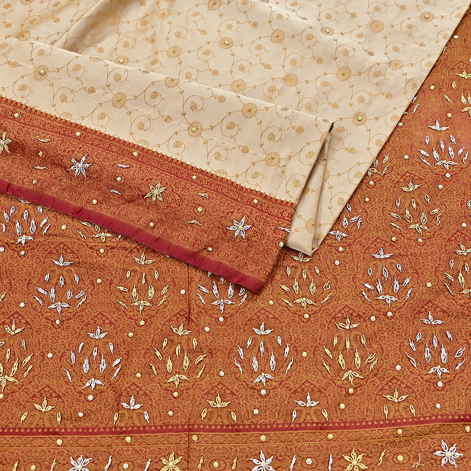 Indian Vintage Beige & Maroon Heavy Saree Pure Satin Silk Hand Embroidered 5yd