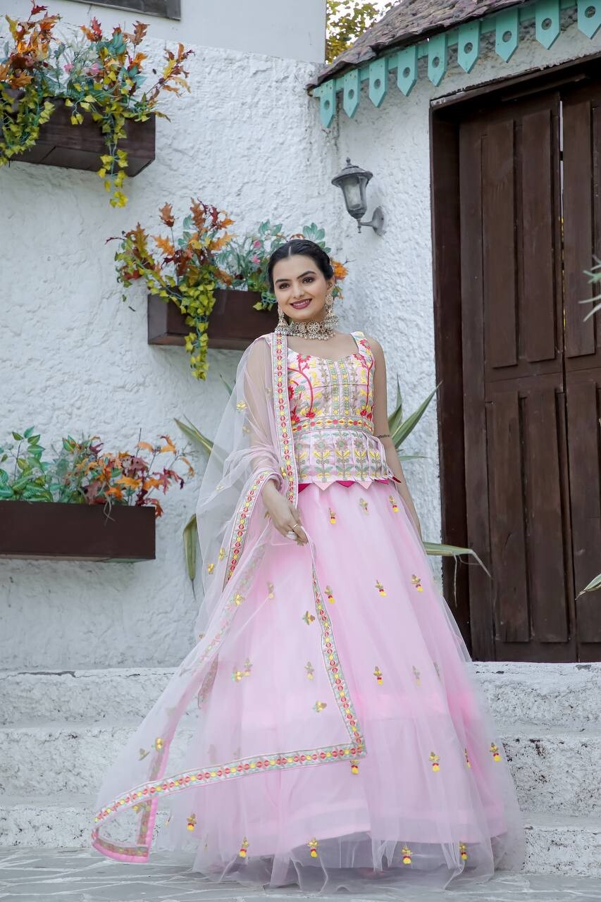 Engagement Look Pink Color Double Net Light Lehenga Choli With Dupatta For Women