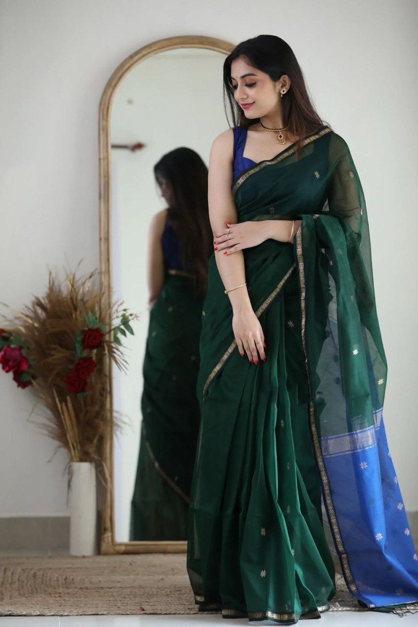 Soft Linen Cotton Saree Jacquard Wedding Party Wear Traditional Indian Sari