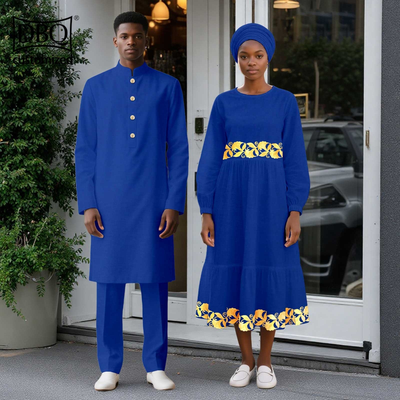 African Wedding Clothes Men Long Jacket Pants Set Women Midi Dress with Headwrap