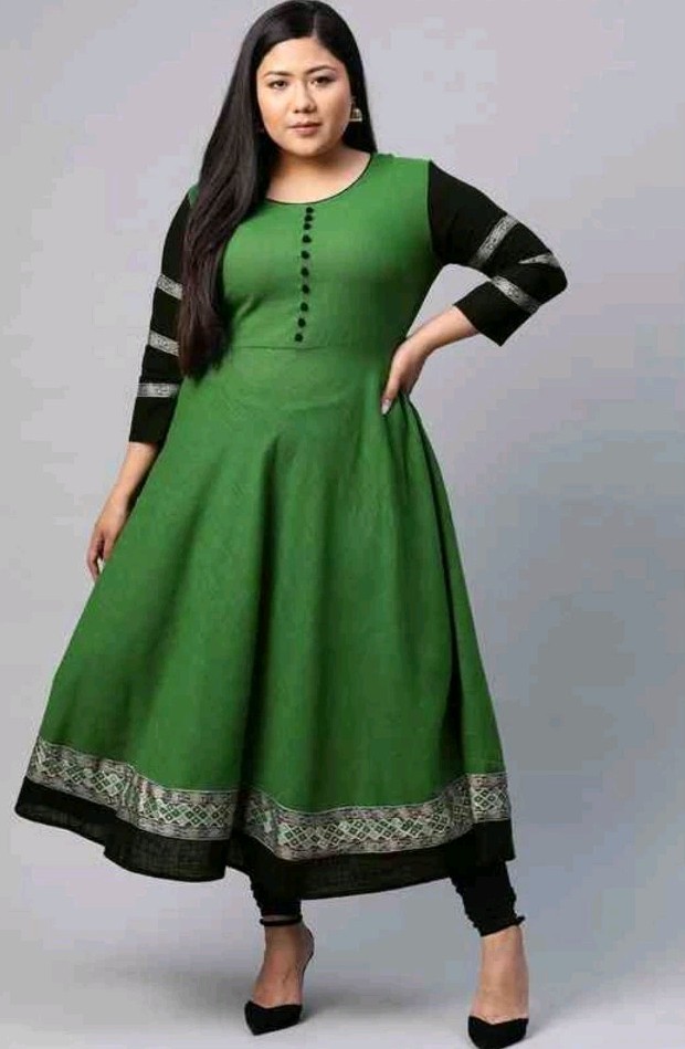 Yash Gallery Womens Small Cotton Blend Solid Anarkali Kurta Green Black Sleeves