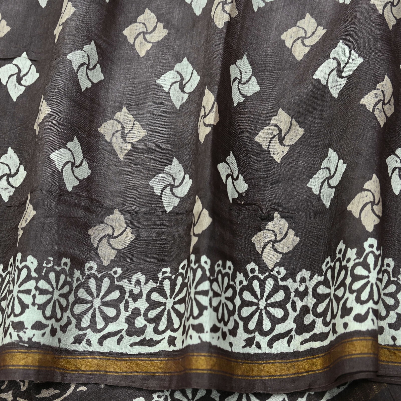 Indian Vintage Sari Brown & Ivory Pure chanderi Silk Block Printed Sarees Fabric