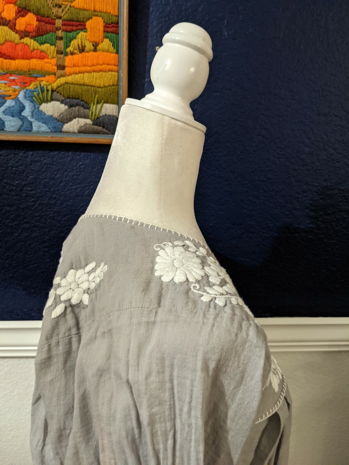 Siren Mexican Embroidered Boho Gray Shirt Blouse Festival Sz XS Extra Small