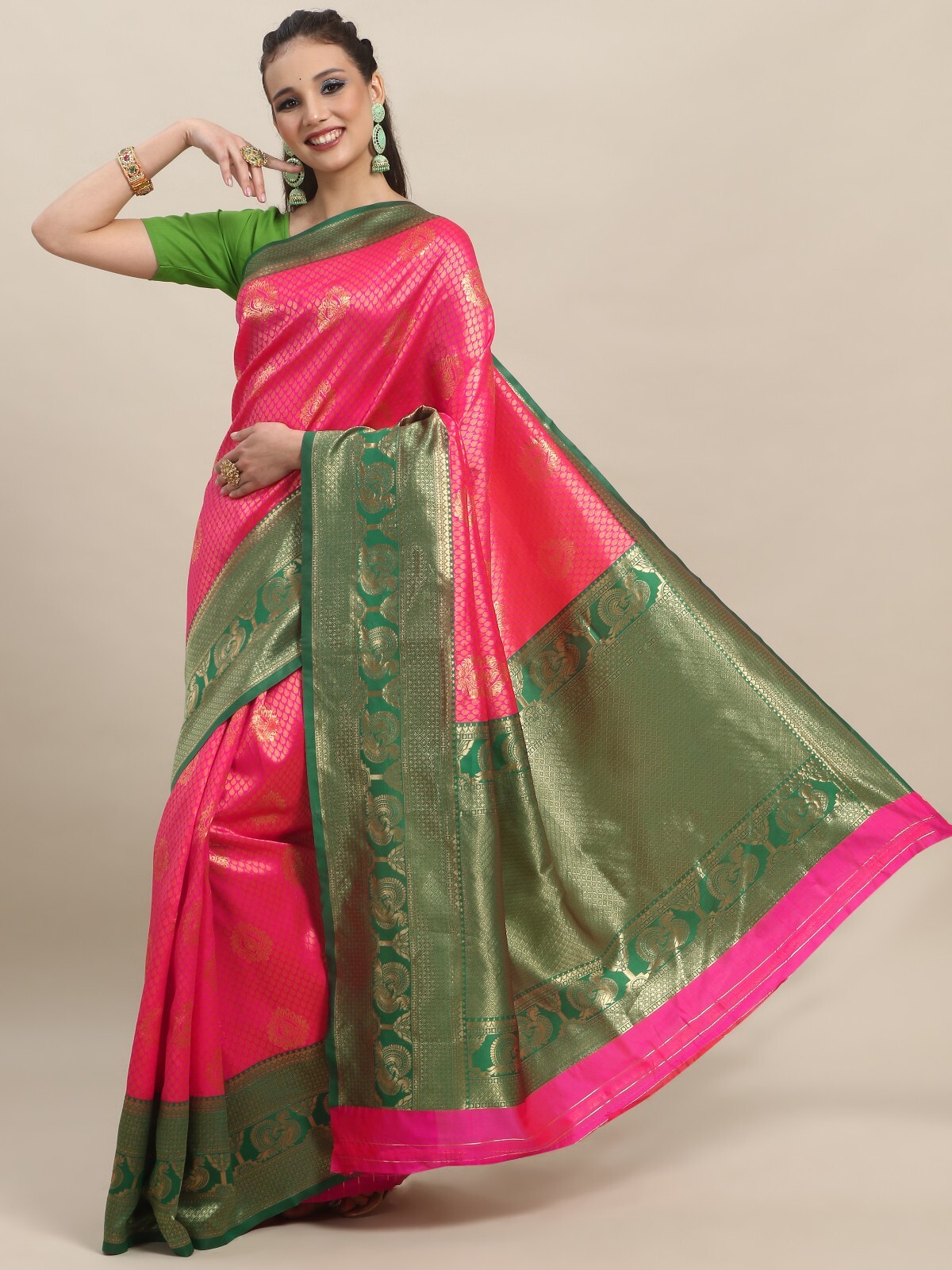 Areca Designer Pink Peacock Silk saree blouses women Saree cut-5.5 meter