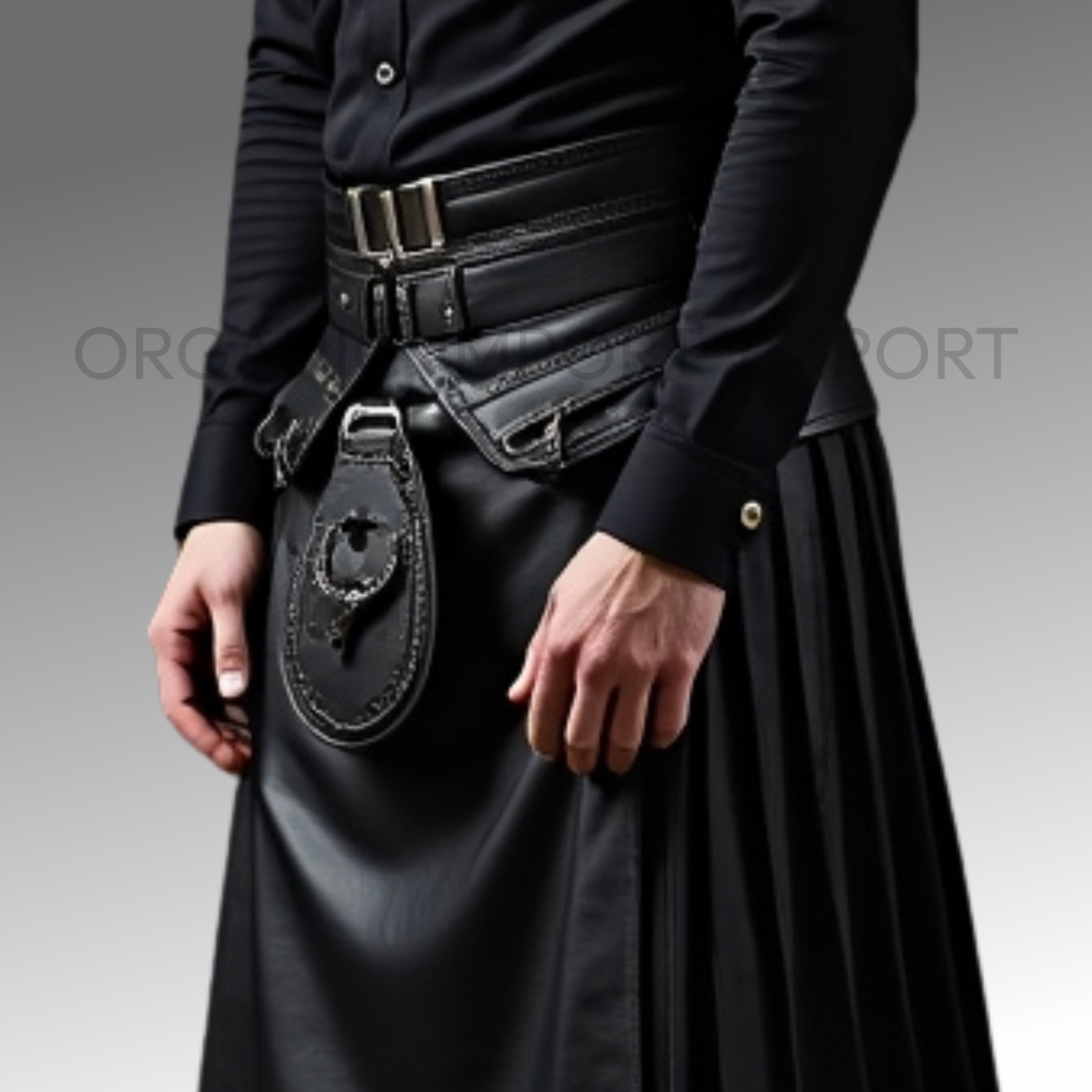 Men’s Black Leather Utility Kilt with Pleats – Gothic Punk Streetwear Style