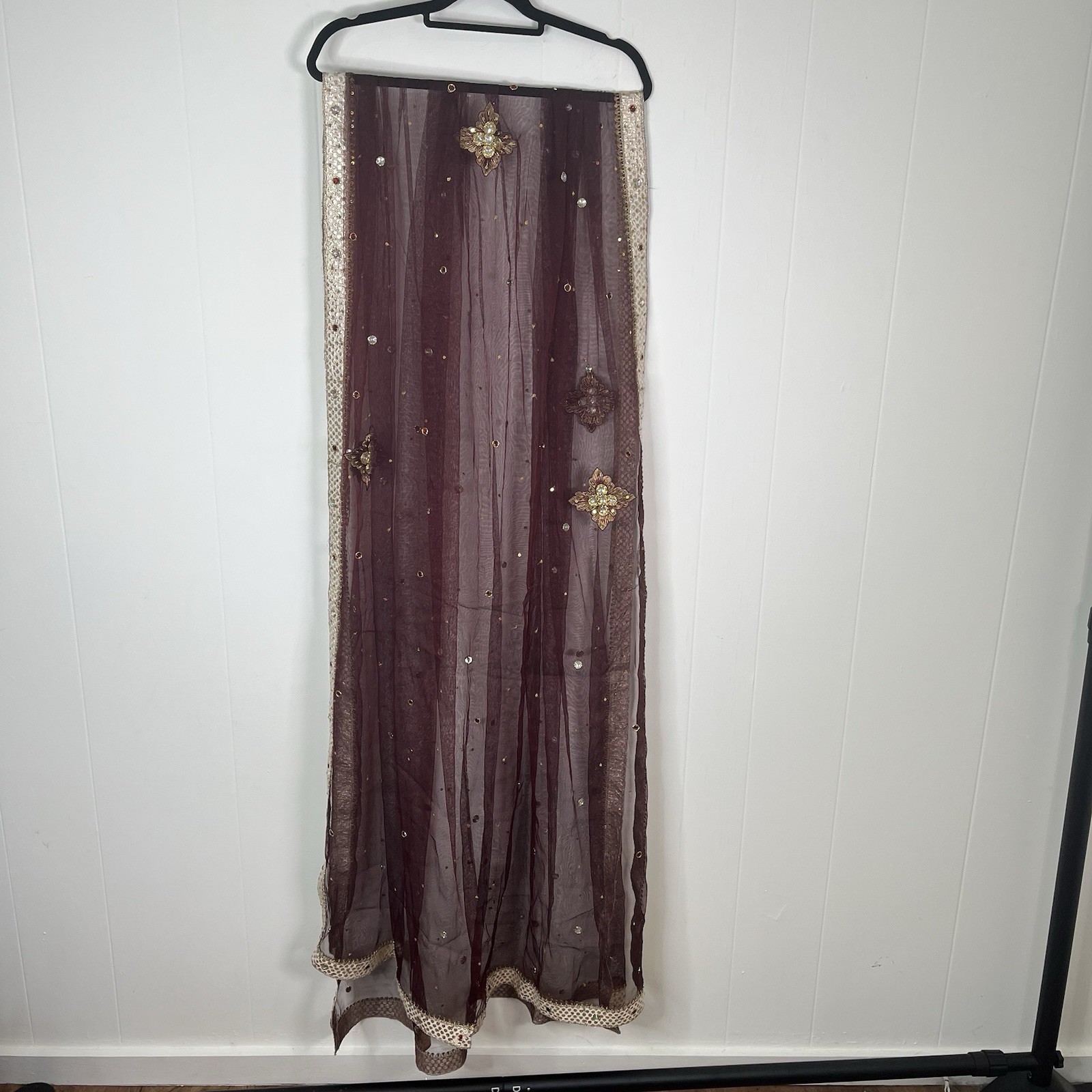 Maroon Net Dupatta Bridal Veil Gold Sequin Beaded Embroidered Wedding Scarf