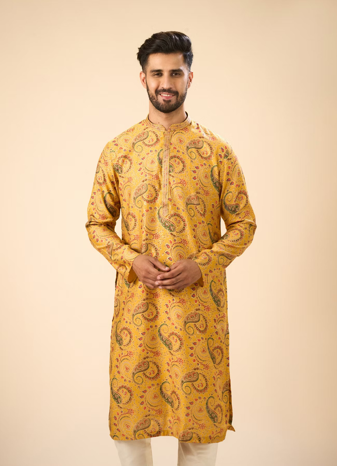 Sunset Mustard Elegance Kurta Pajama Set Mens Size 40/L New US Seller