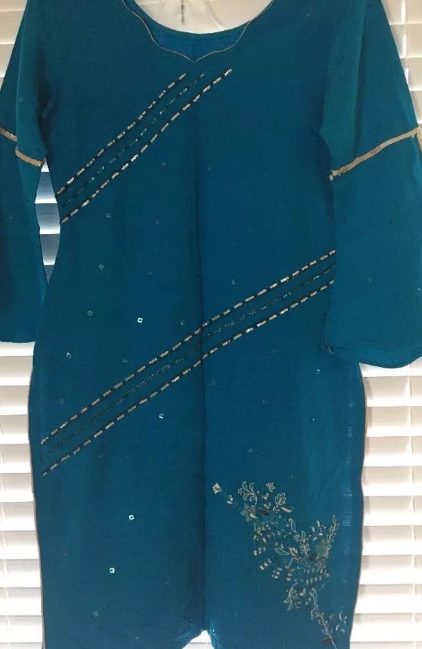 Ladies blue ( Ferozi) and Beige kameez kamiz shalwar salwar pants and dupatta