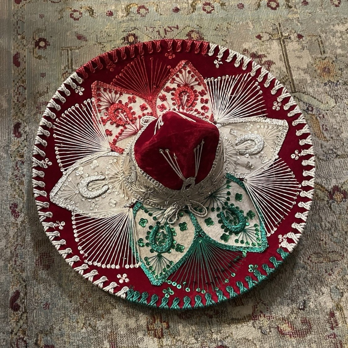 Handmade Red Velvet Embroidered Sombrero Traditional Latin American Hat