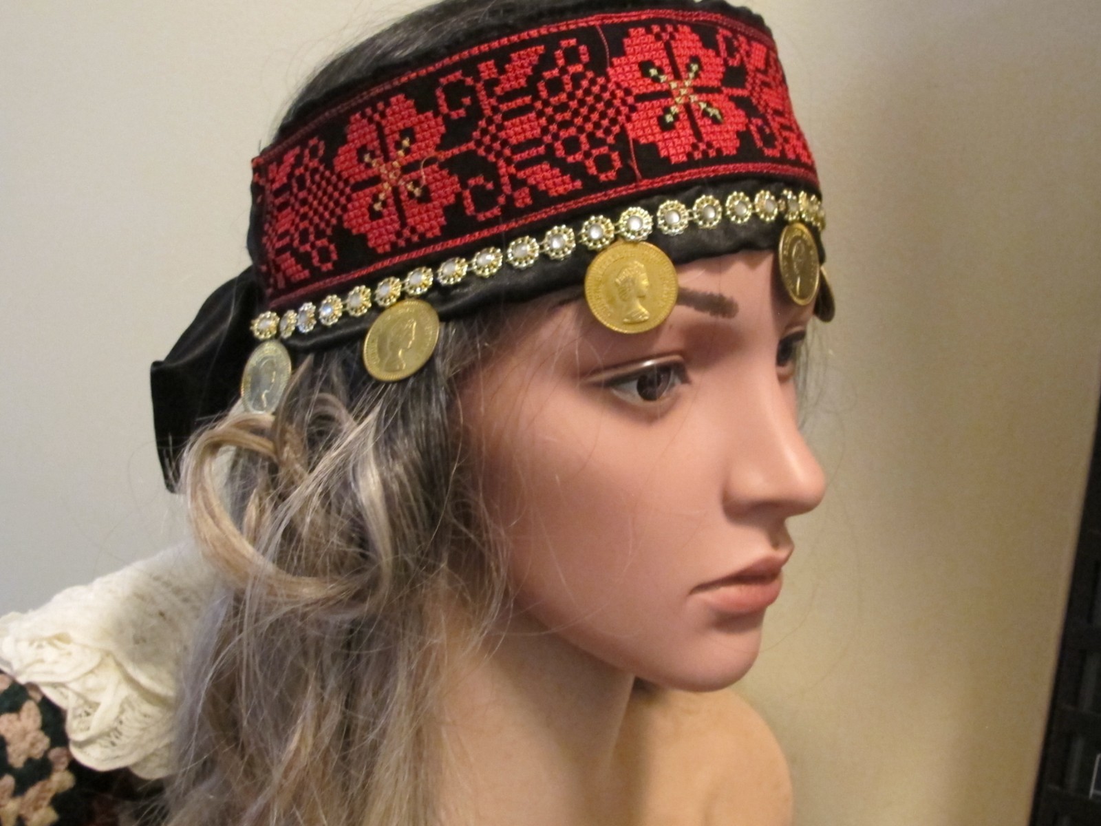 Palestinian Red Black Embroidered Headband on Satin with gold coins