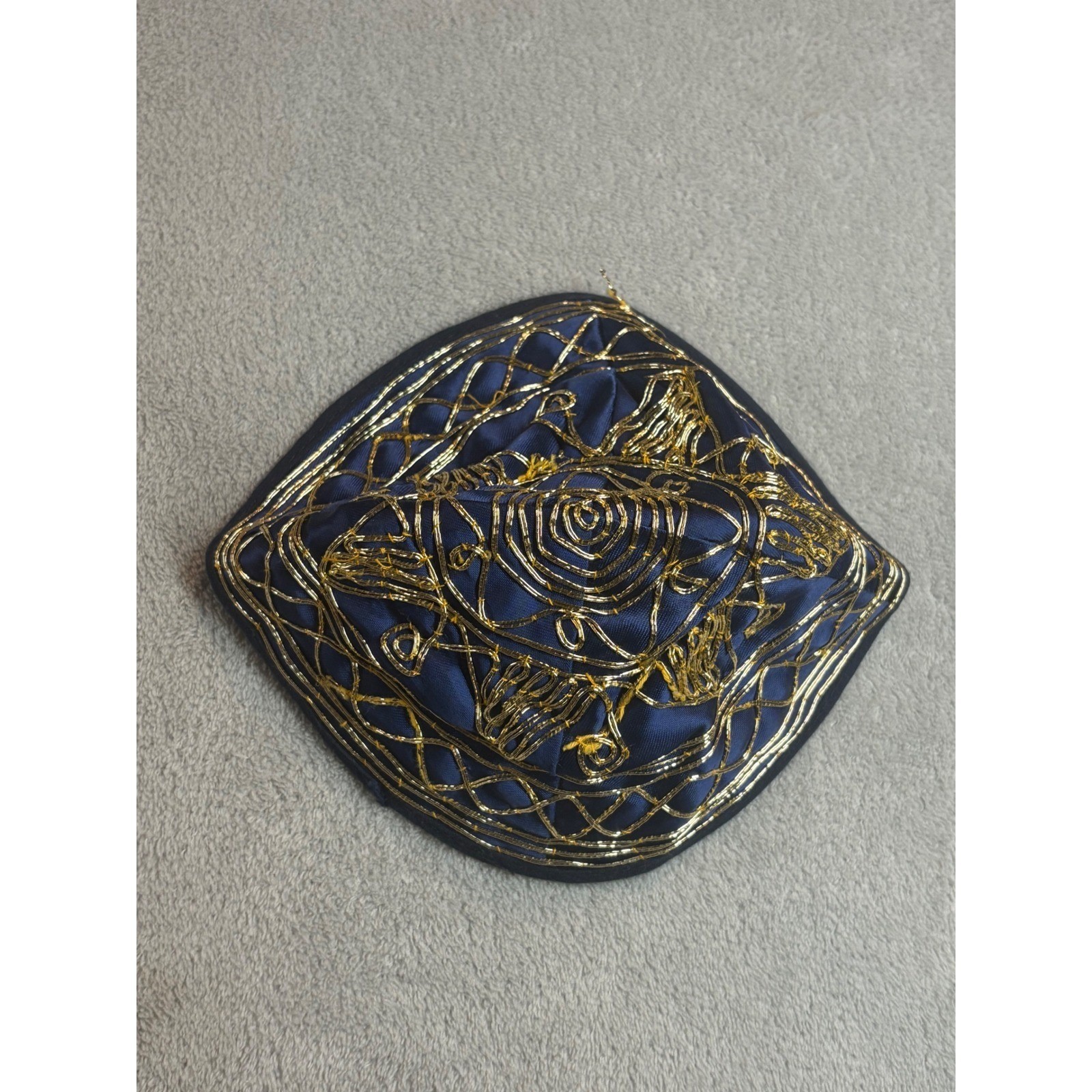 Kippah Yarmulke Jewish Hat Cap Navy Blue Gold Embroidered Vintage Religious Mens