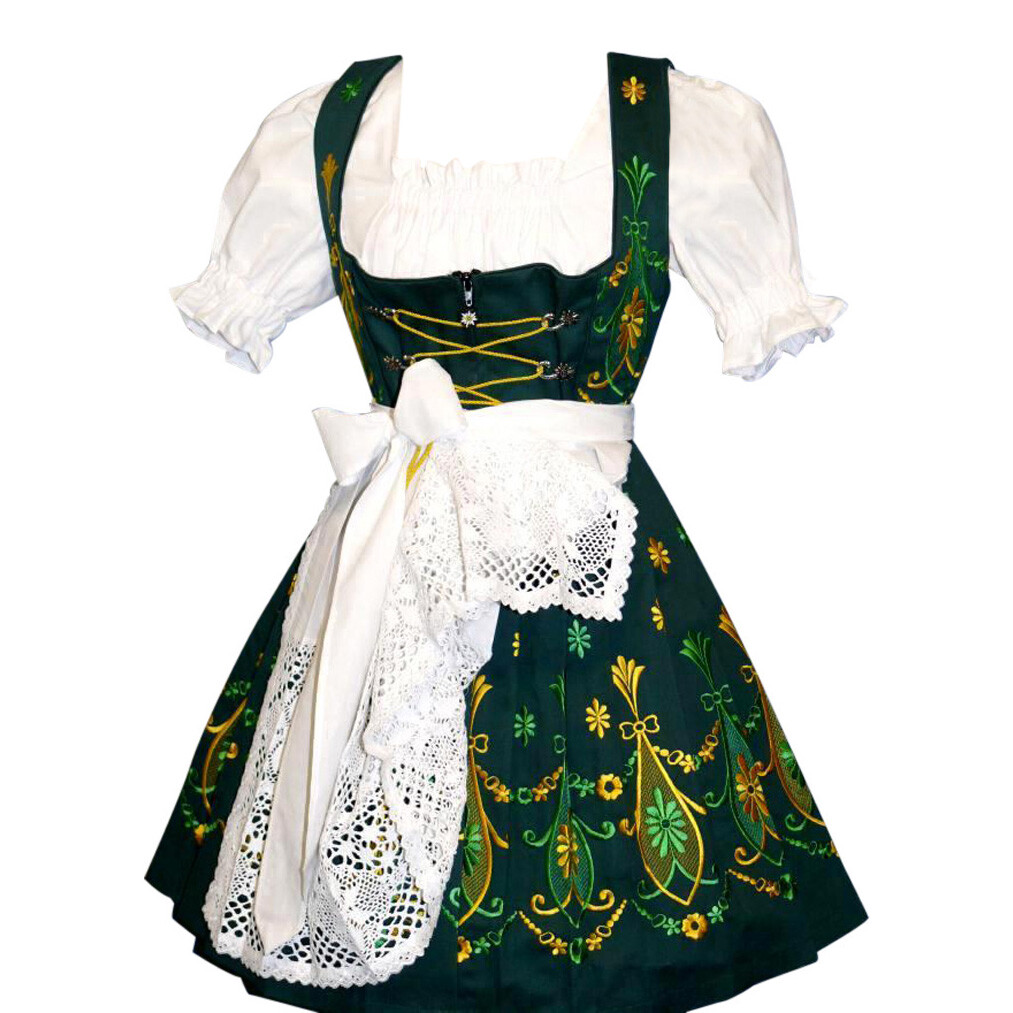 XL 20 German Dirndl Short Green Dress Oktoberfest Waitress Party EMBROIDERED