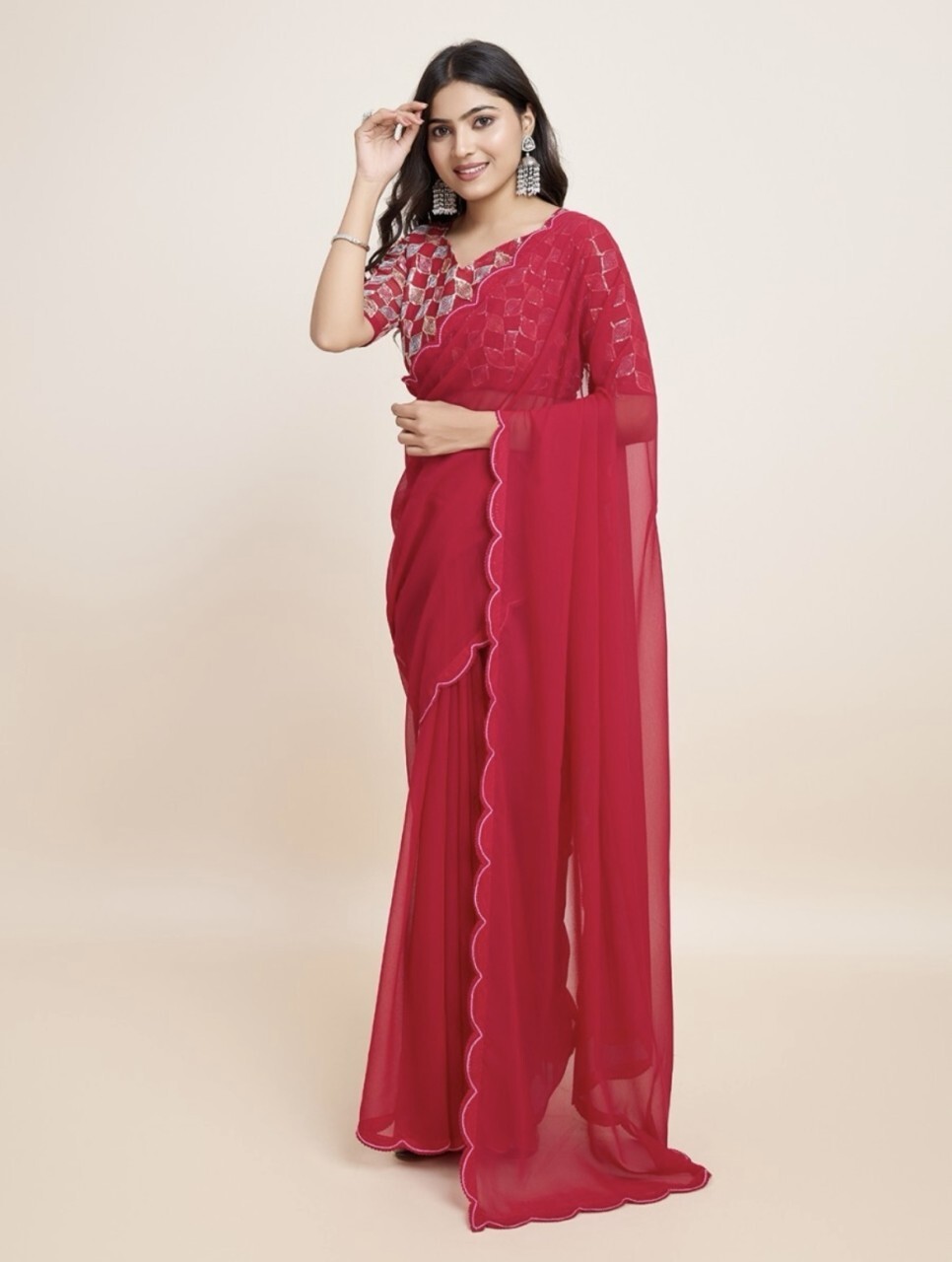 Solid/Plain Assam Silk Georgette Saree (Red)