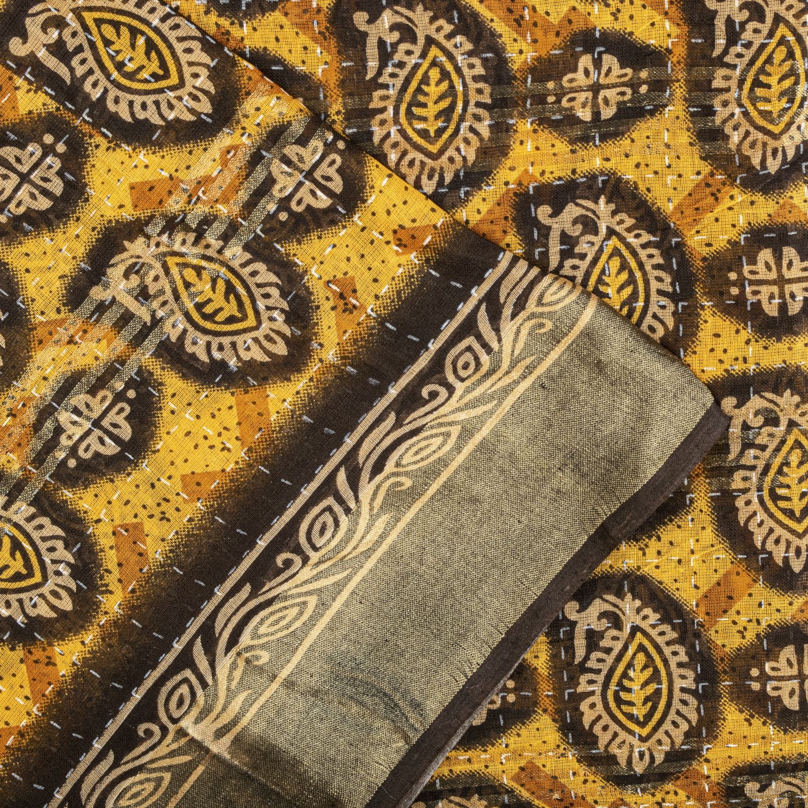 Sanskriti Vintage Saree Yellow Pure Cotton Paisley Kantha Print Sari 5+Yd Fabric
