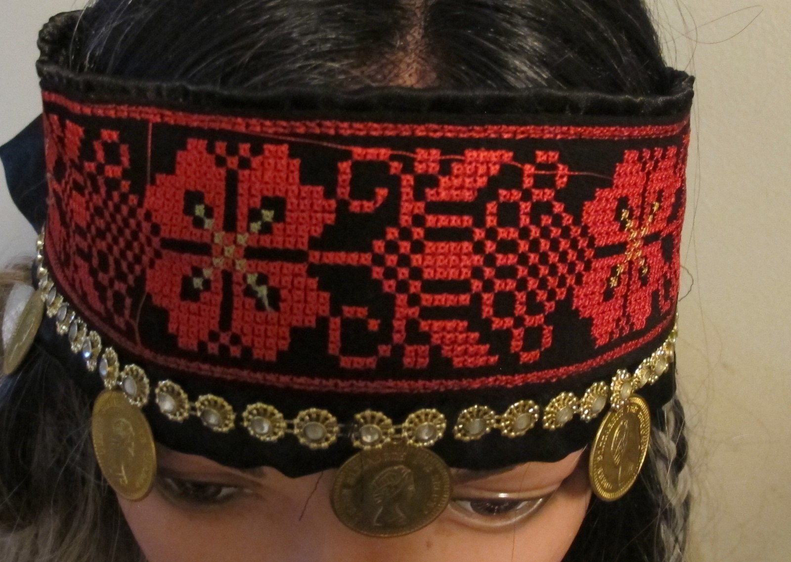 Palestinian Red Black Embroidered Headband on Satin with gold coins