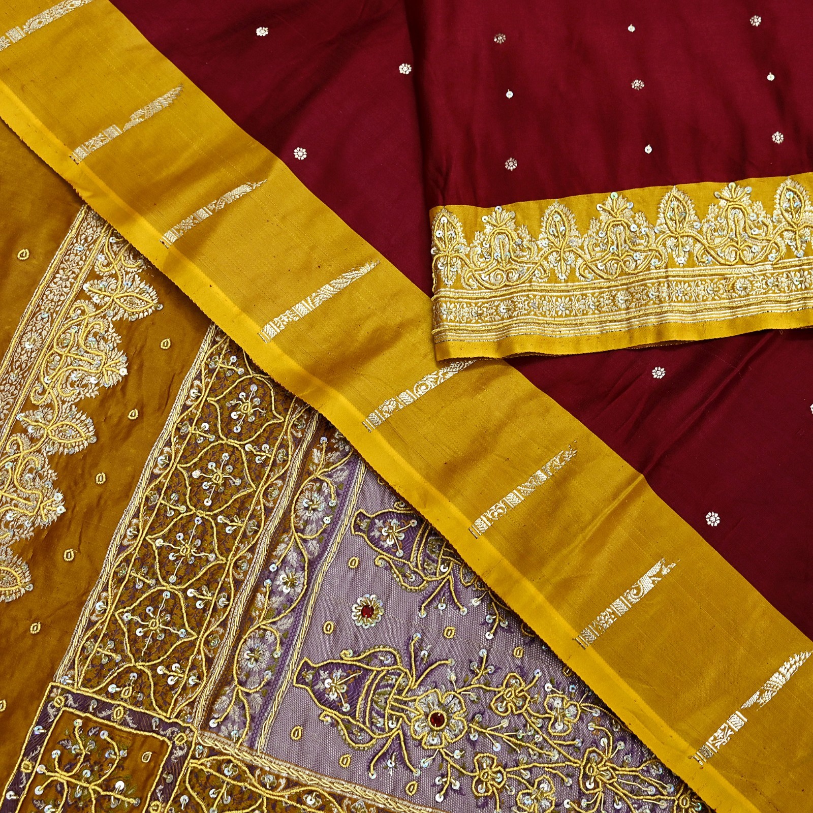 Vintage Heavy Saree Pure Satin Silk Hand Embroidered Banarsi Brocade Sari Dabka